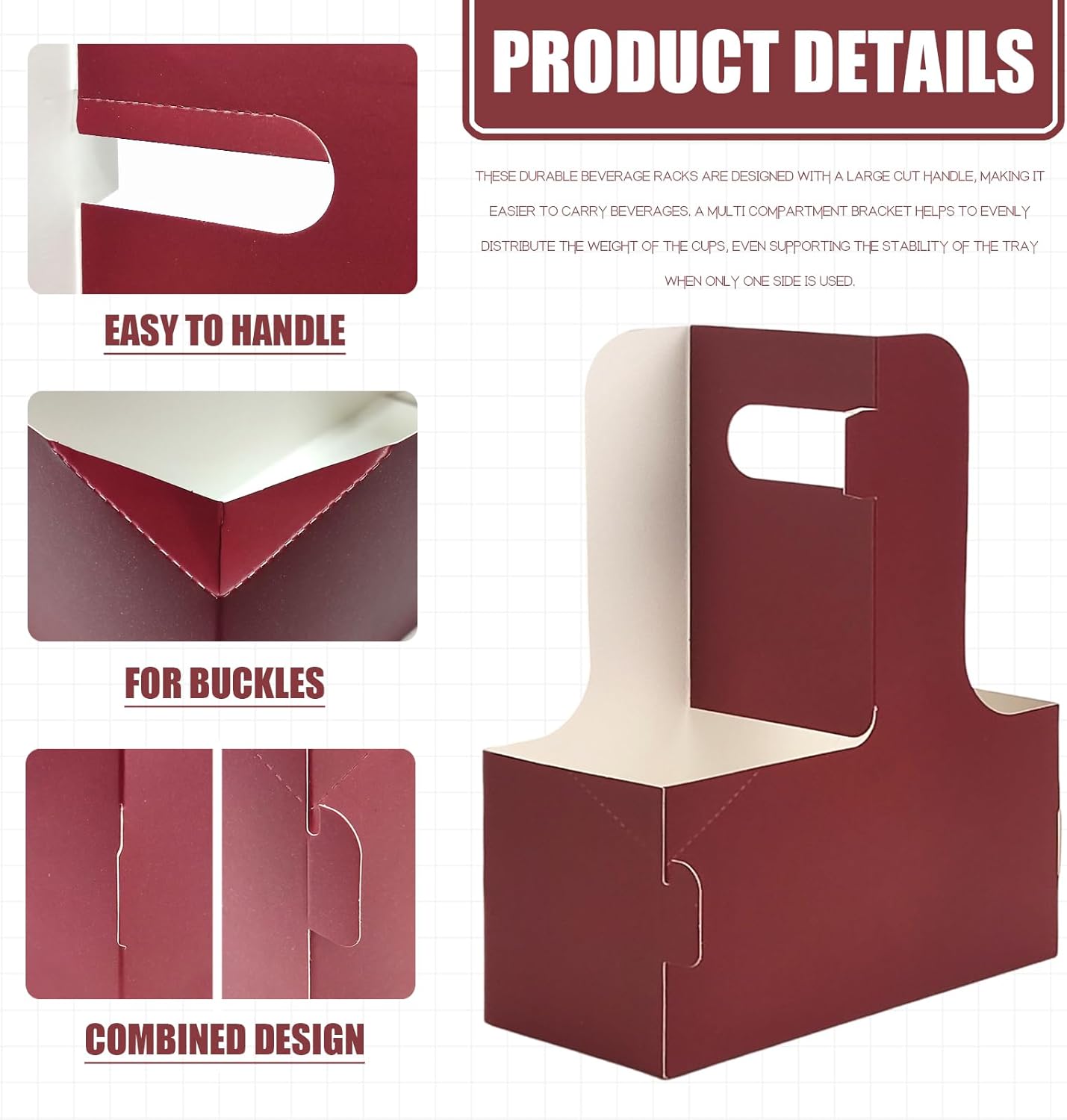 2 Cup Disposable Drink Carrier for Delivery with Handle,30 Count Red Paperboard Cup Holder,Cup Carriers for Hot or Cold Drinks,Coffee Carrier, Food Delivery,Take Out Cup Carriers (Wine Red, 30 PCs)