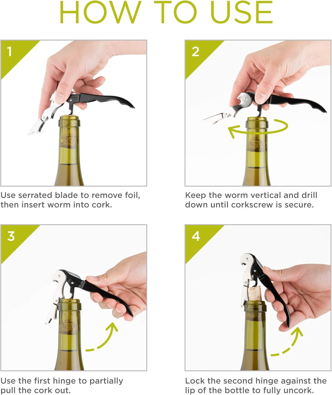 True Brands TrueTap Double Hinged Waiters Corkscrew, Top-notch Stainless Steel Opener with Foil Cutter Built to Last Wine Key Natural, Set of 1