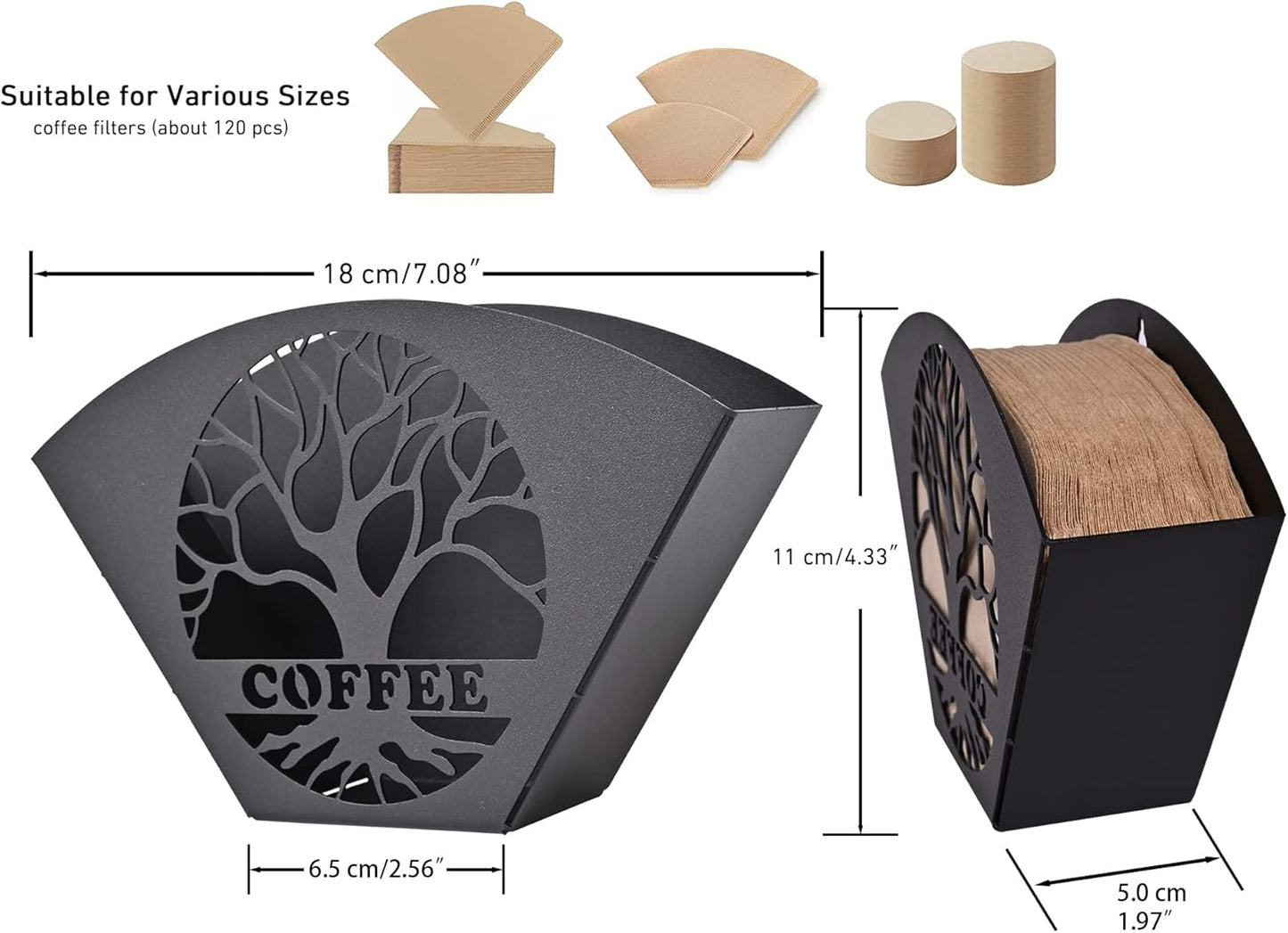 Stylish Coffee Filter Holder with Iron Fan Shape Evenly Spread out Filters, Coffee Filter Rack with Tree of Life Decor Upgrade Your Coffee Enjoyment, Perfect for Home or Office Use (Black)
