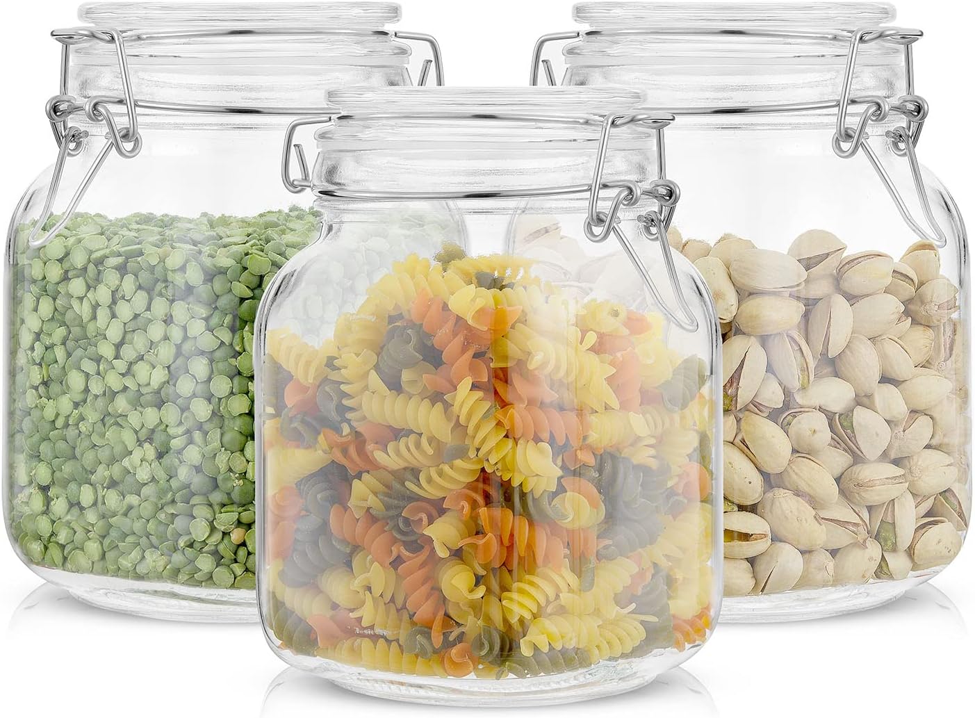 JoyJolt Airtight Glass Jars with Lids Set of 3. 32oz Glass Jar with Lid and 6 Silicone Seals! Med Glass Food Storage Containers. Square Mason Jar, Candy Jar, Sugar Jar, Pasta Containers for Pantry
