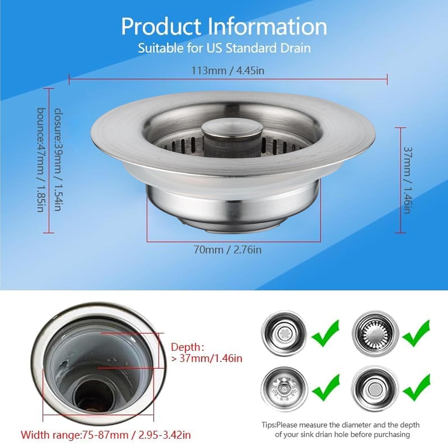 SELLO 3 in 1 Kitchen Sink Drain Strainer, 304 Stainless Steel Pop-Up Sink Stopper with Filter Basket, Anti-Clogging Sink Drain Strainer for 3-1/2''Drain Hole of US Standard Kitchen Drain