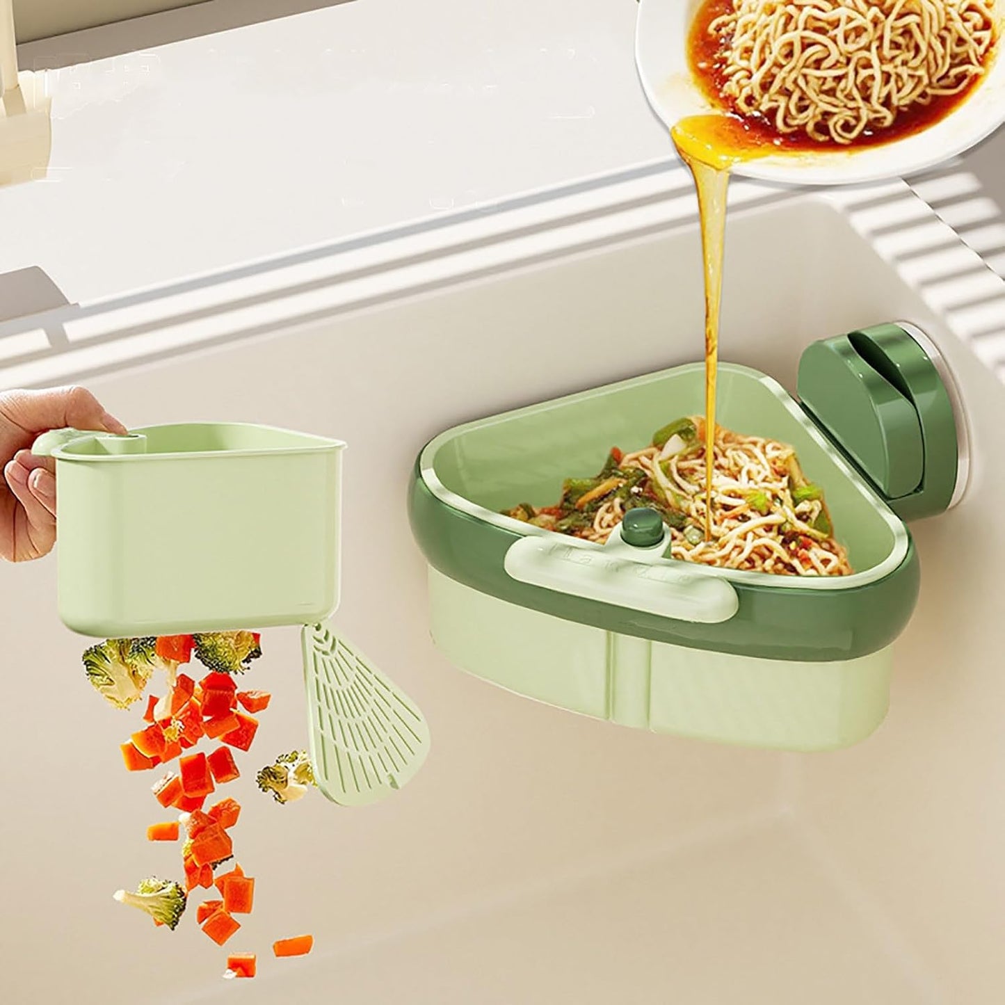 Suction Cup Sink Corner Rack - Triangle Organizer with Drain Hole & Press Automatic Dumping, Food Waste Catcher & Storage Shelf, Rust Resistant No Drilling for Kitchen Bathroom (Green)