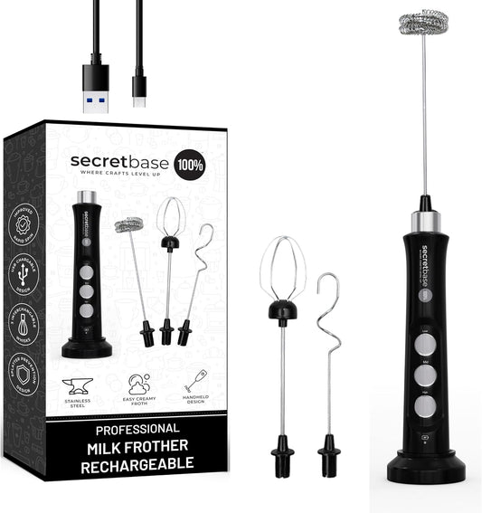 Secretbase 3 Speed Rechargeable Milk Frother Handheld, USB Charging Cradle - Stainless Steel Whisk for Bulletproof Coffee, Espresso Whipper, Mini Electric Stirrer (Black Frother without Pitcher)