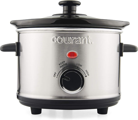Courant Small Slow Cooker 1.6 QT, 3 Heat Settings, Removable Ceramic Pot" Easy Clean, Dishwasher Safe, Mini Slow Cooker, Stainless Steel