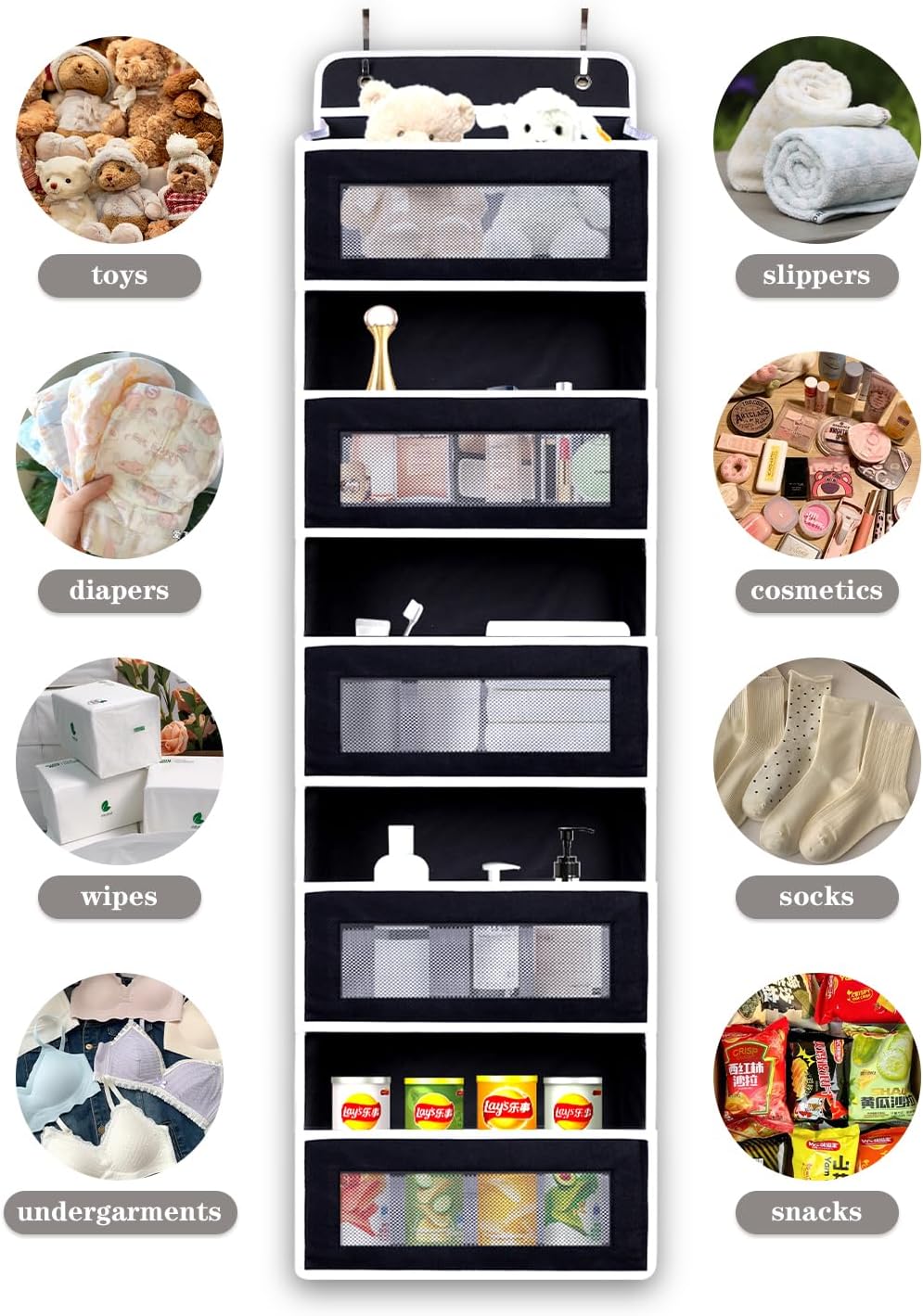 Over Door Hanging Storage Organizer, 5 Large Pockets, 10 Mesh Pockets,Black, 44 lbs Capacity (Black)