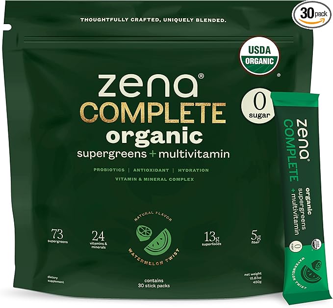 Zena Complete Organic Super Greens Powder & Multivitamin, 90+ Supergreens, Fruits, Veggies, 0 Sugar, 5G Fiber, Pre & Probiotics, Watermelon Citrus Flavor, 30 Packets