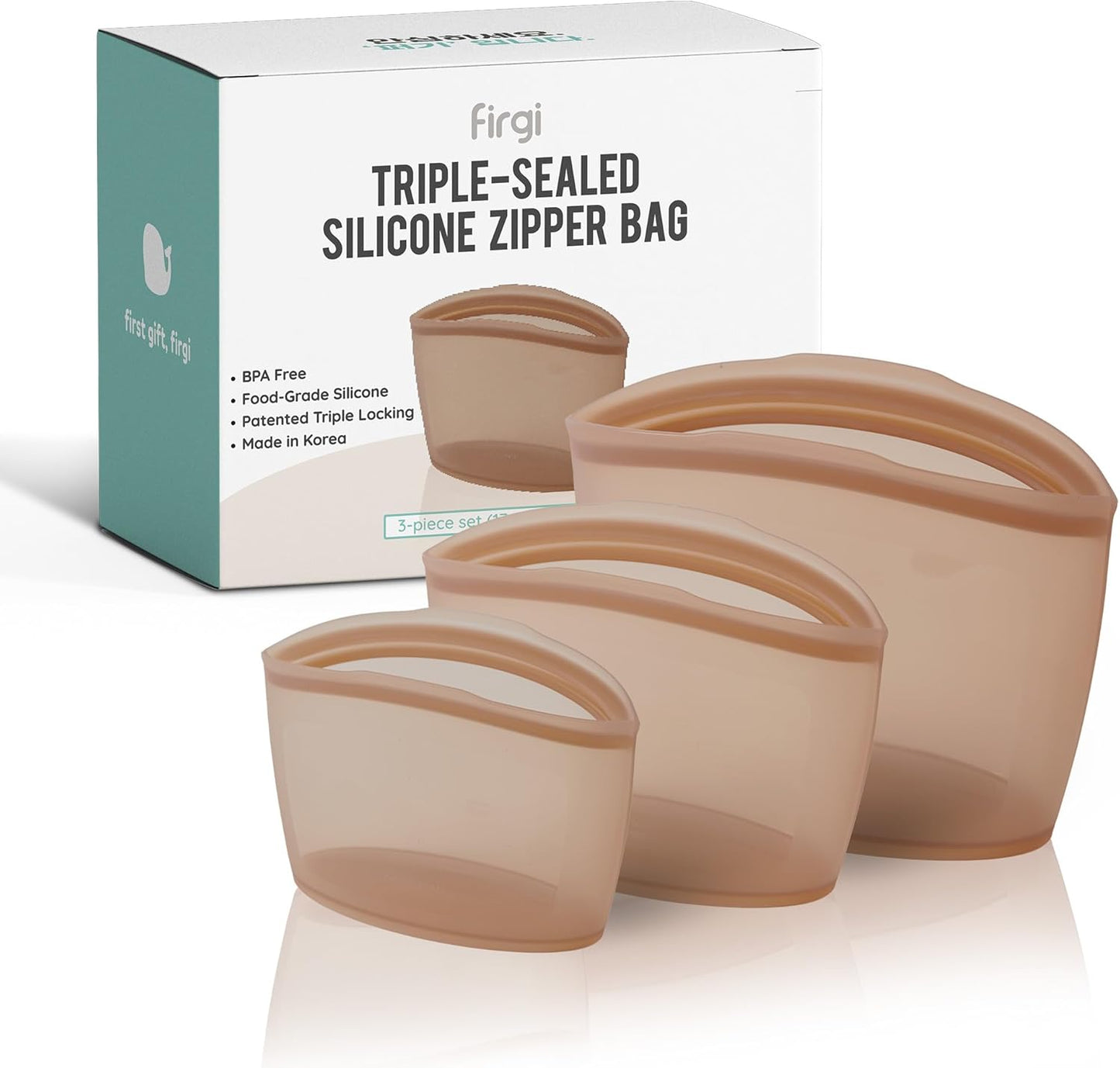 Reusable Silicone Food Storage Bags 3Set Airtight food Storage Containers Food Grade Silicone Snack Bags, BPA Free Food Storage Container, Microwave Safe, Sous Vide Container, Brown, 17oz+29oz+51oz