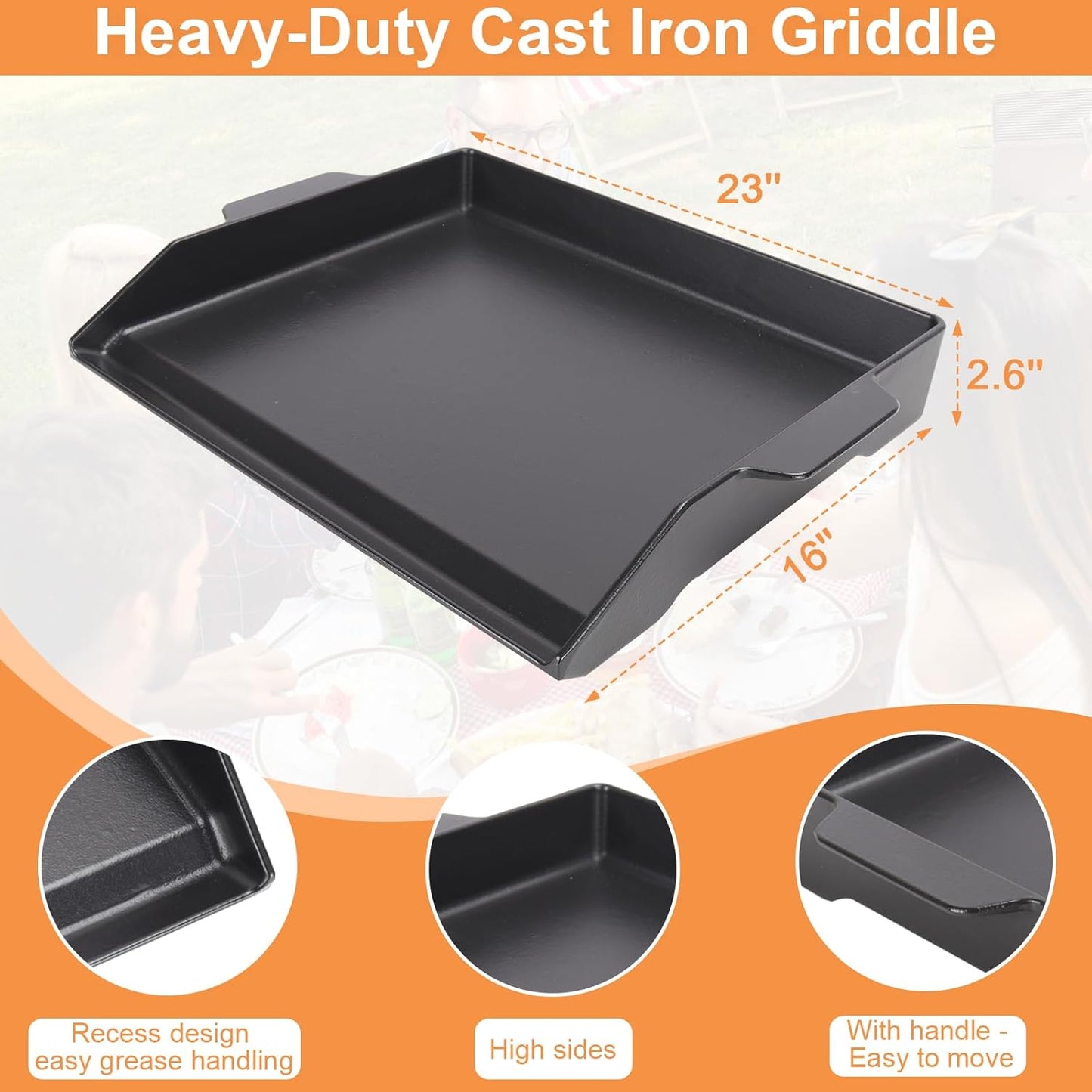 Universal Cast Iron Flat Top Griddle for Gas/Stove/Electric/Charcoal Grill,23" X 16 BBQ Griddle Insert for Weber Camp Chef Nexgrill StoveTop Griddle,Tailgating Nonstick Coating Cooking Skillet Pan,1PC