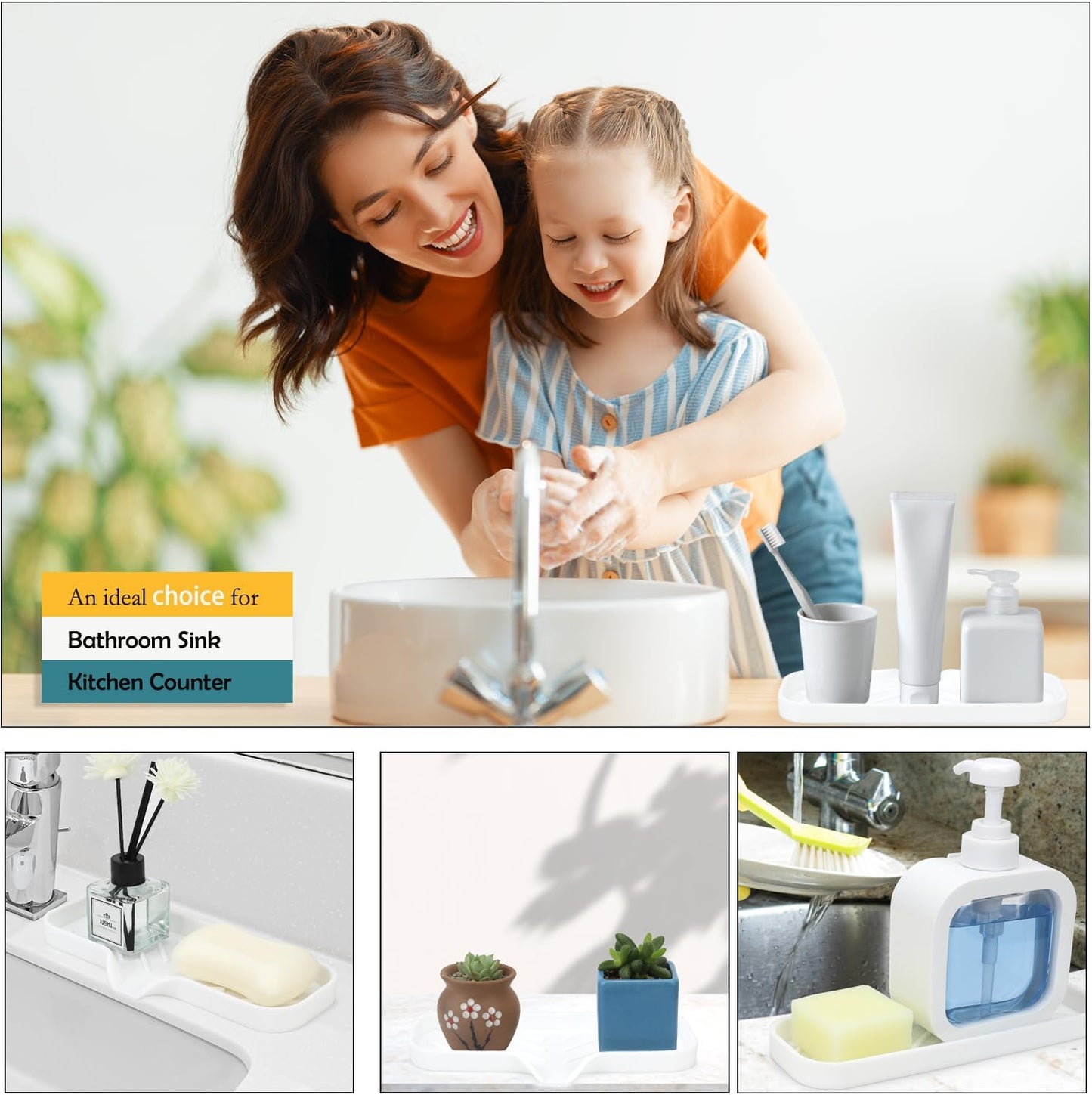 Silicone Bathroom Soap Dishes, Sponge Holder for Kitchen Sink, Shower Soap Holder with Drain, Soap Dispenser Tray, Soap Dish for Bottle, Cup, Sink or Counter Organizer - White 9" x 3.15"