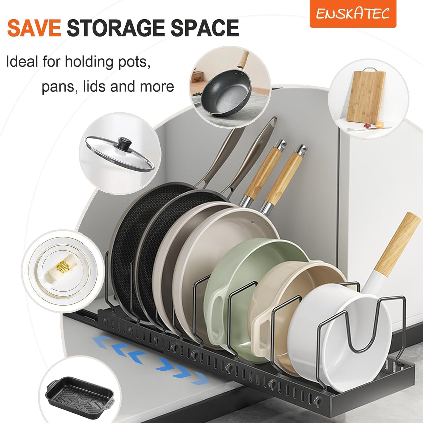 2 Pack Expandable Pots and Pans Organizer Under Cabinet, Sliding Pot Lid Holder and Pan Rack in Kitchen, Pull out Kitchen Cabinet Storage, with 10 Adjustable Dividers