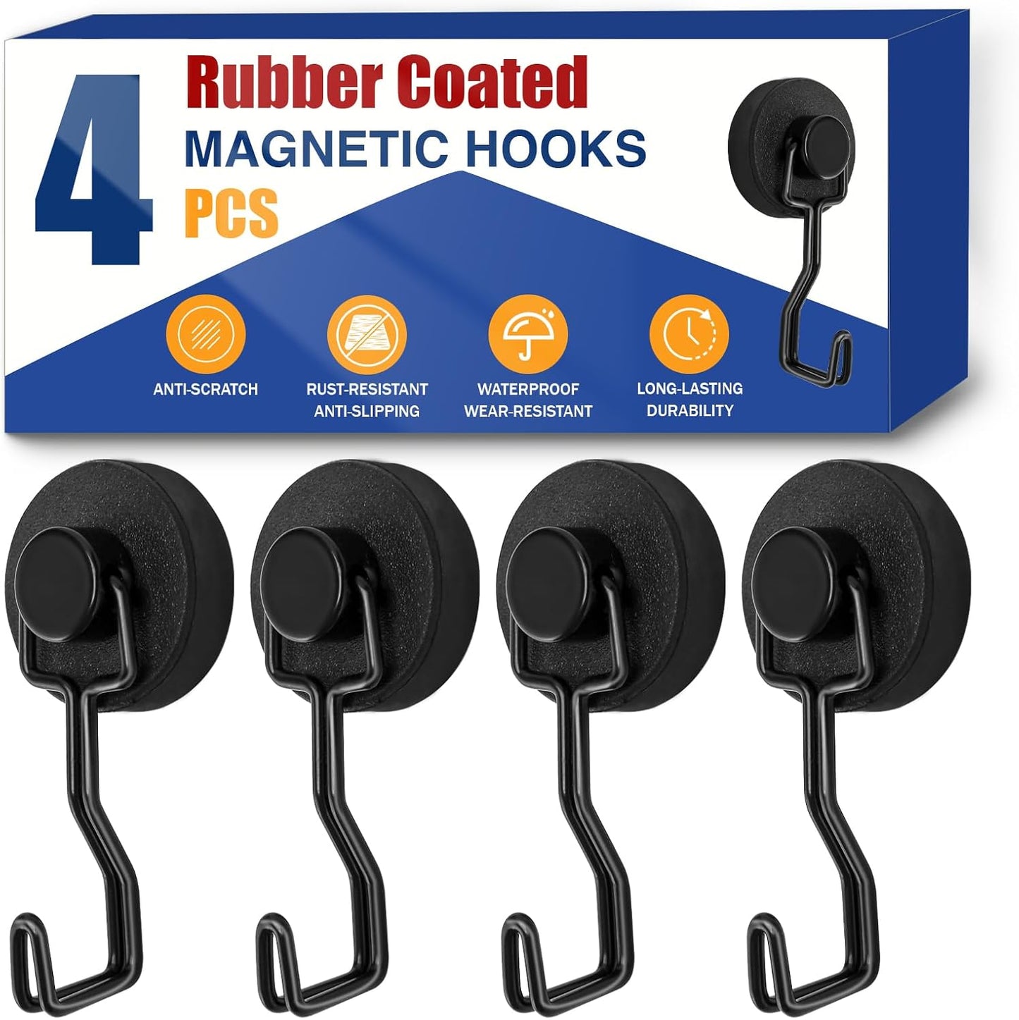 Magnetic Hooks for Grill & Refrigerator, 4-Pack Heavy Duty Rubber Coated Rust Proof Hooks – Strong Magnet for Hanging Grill Tools, Kitchen Utensils, Towels, Outdoor Camping BBQ Accessories (Black)