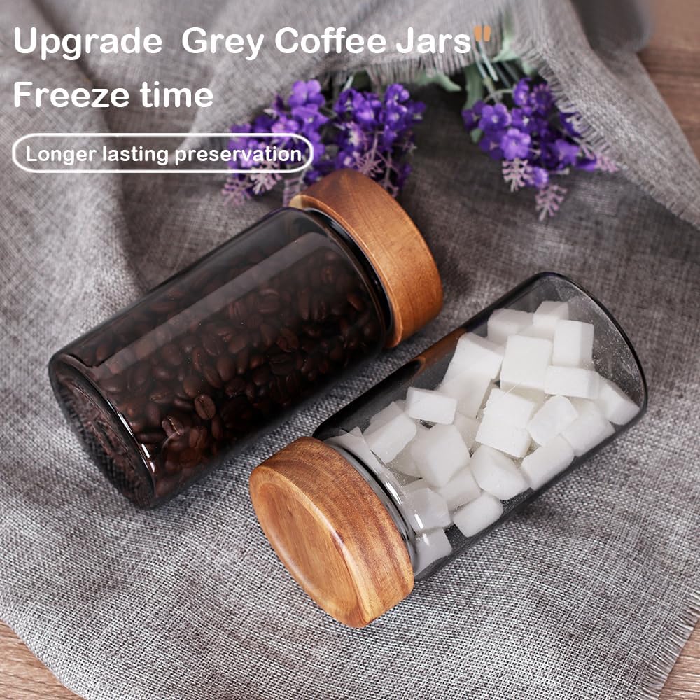 SAIOOL 3 Packs grey Glass Food Storage Jars with Screw Airtight Seal Acacia Wood Lids,Spice Jars with Lids, Organization for Jars Bottles Containers Travel Gear, Sugar, Salt,Coffee, cookies,spices