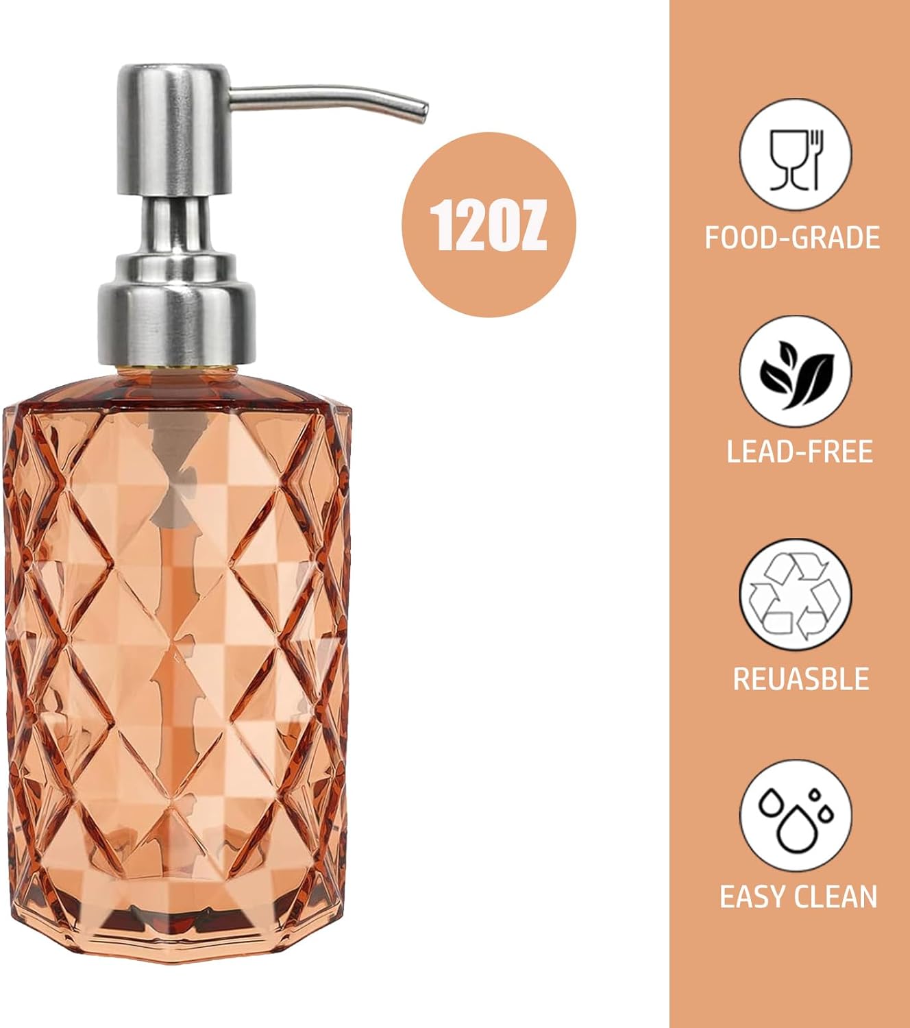 12Oz Amber Glass Soap Dispenser with Stainless Steel Pump, Refillable Kitchen Liquid Hand Soap Dispenser with Diamond Design, for Dispense Hand soap, Dish Soap, Lotion, Bathroom, Countertop, Hotel