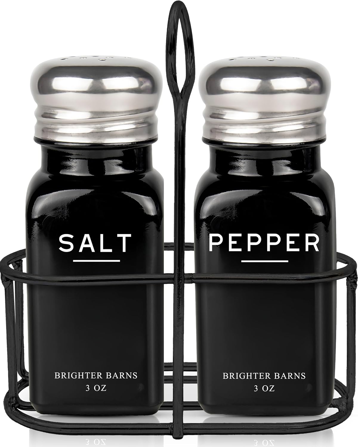 Black Salt and Pepper Shakers Set with Holder by Brighter Barns - Farmhouse Kitchen Decor, Modern Kitchen Essentials, Dining Table Centerpiece Decor - Glass Shakers with Caddy for Restaurants (Black)