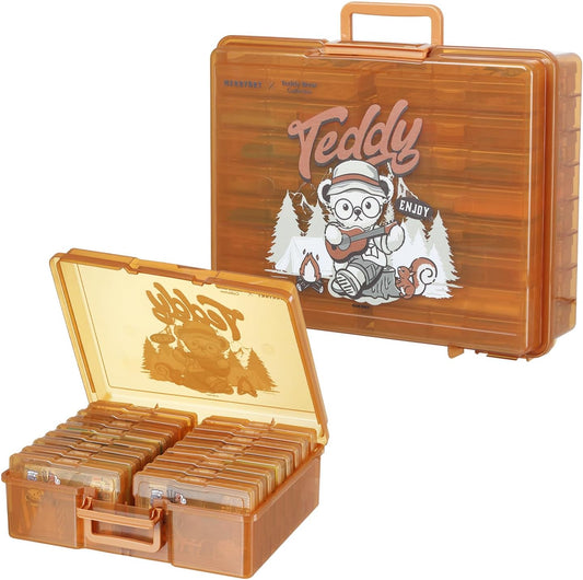 OMNISAFE 4x6 Photo Organizer Cases, Teddy Bear 16 Pack Plastic Craft Storage Container, Box for Pictures, Crafts, Scrapbooking, Transparent Photo Keeper with Handle (Camping Brown)