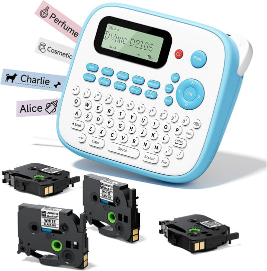 Label Maker Machine with Tapes, Label Maker Waterproof-Labels, Portable Label Makers Bundle 4 Label Tapes Included 12mm 0.47 Laminated White, D210S Handheld Labeling Machine for Home Office School