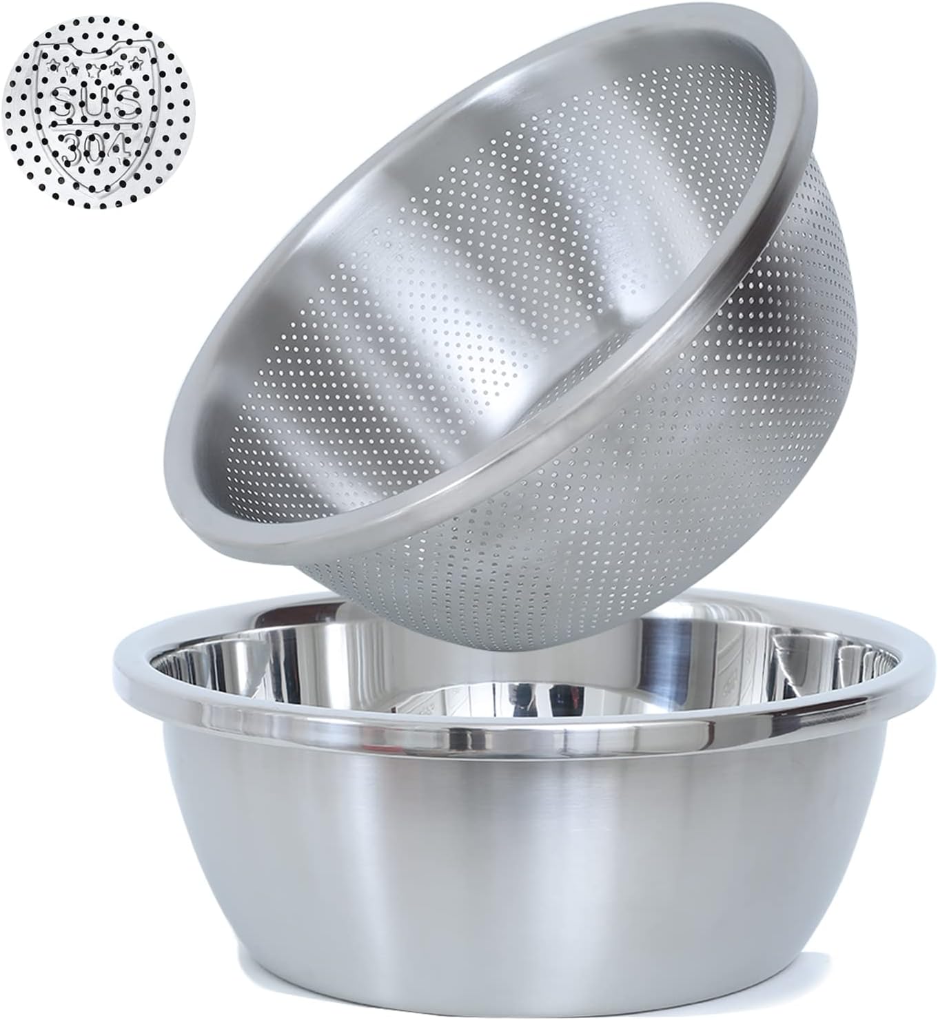 304 Stainless Steel Microporous Colander, 3.5QT Large Capacity with Mixing Bowl For washing vegetables fruit and rice and for draining cooked pasta(2PC)