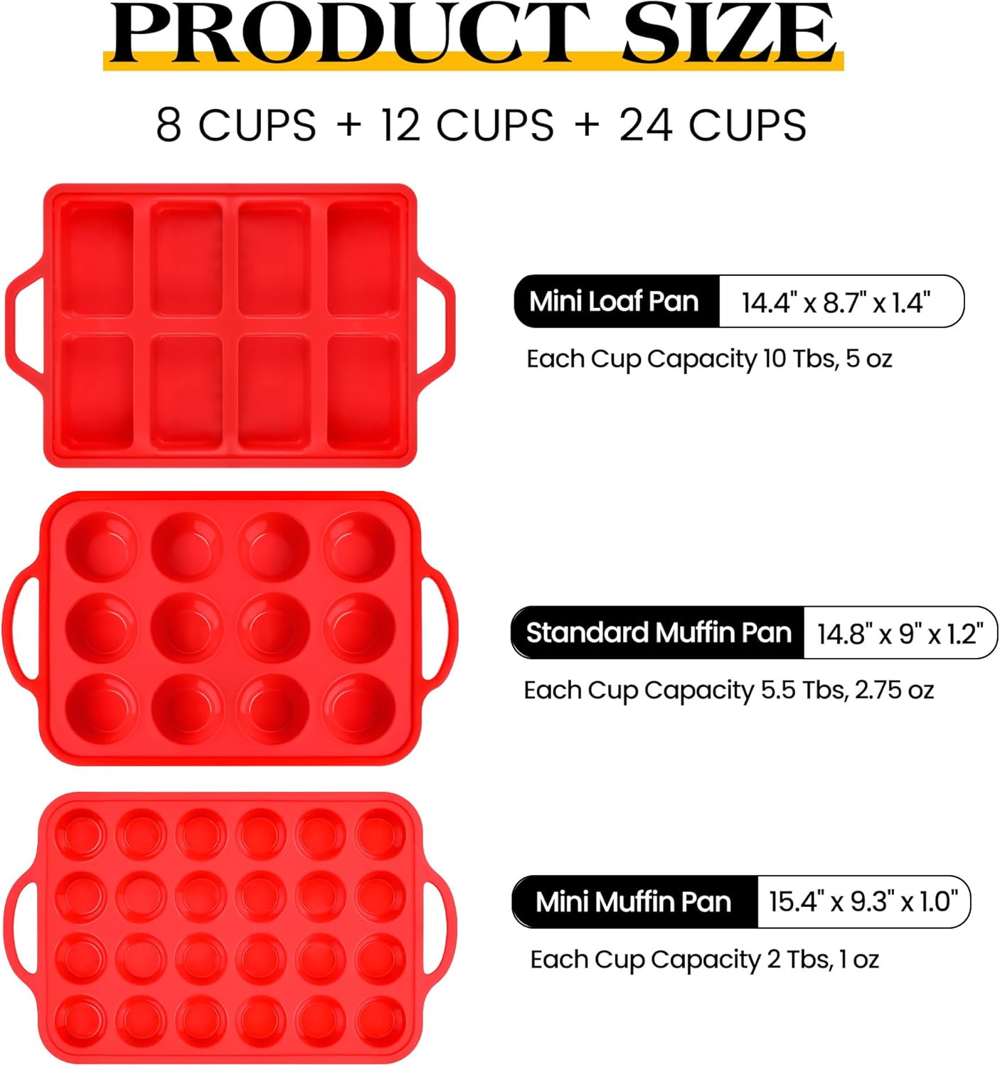 3 Pcs Silicone Baking Pan Set - Including 1 Pc Mini Loaf Pan, 1 Pc Standard Muffin Pan and 1 Pc Mini Muffin Pan - Silicone Cupcake Molds With Metal Reinforced Frame (Red)