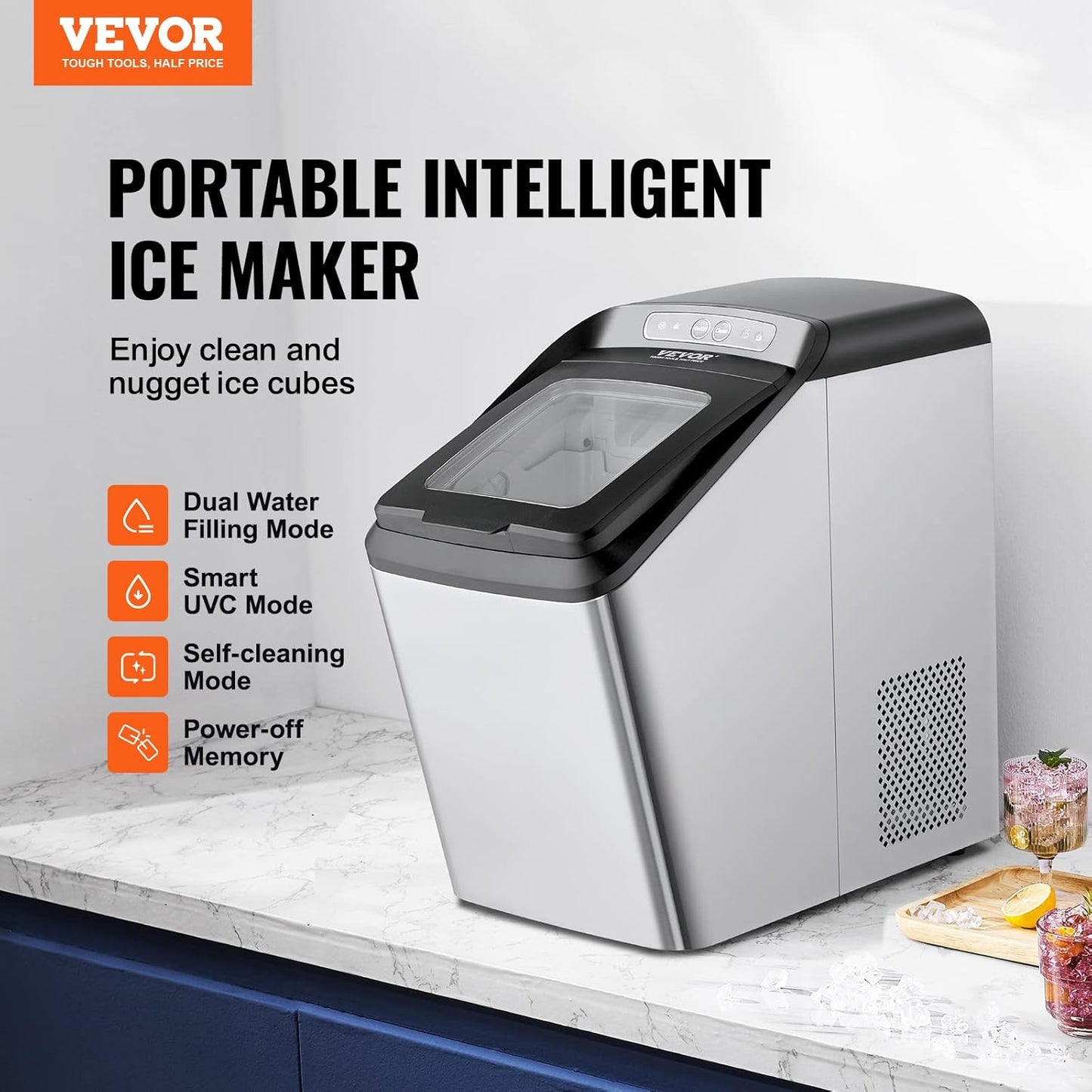 VEVOR Nugget Ice Maker, 30lbs/24H Pebble Ice Maker with Self Cleaning, Chewable Ice Maker with Ice Scoop & Basket, Dual Water Refill, Stainless Steel, Ideal for Home and Office Use
