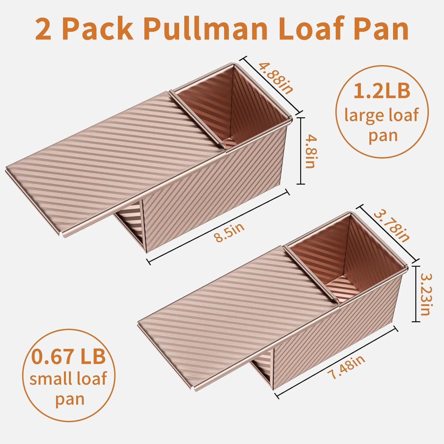2 Pack Pullman Loaf Pan with Lid - Nonstick Bread Baking Pans for Homemade, Carbon Steel Toast Mold with Cover for Toaster Oven, Gold (1.2 lb & 0.67 lb)