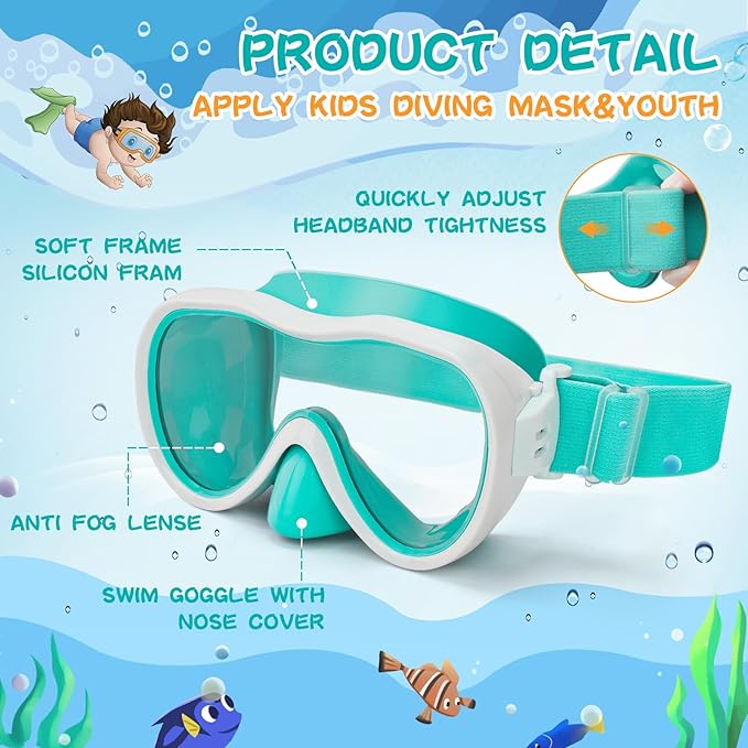 Kids Swim Goggles with Nose Cover, Anti-Leak Swim Mask with Elastic Fabric Strap, UV Protection Swimming Goggles for Kids