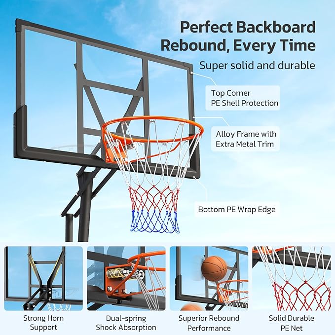 Basketball Hoop Outdoor Portable 44/48 Inch Backboard, 10ft Quickly Adjustable Basketball Goal System with Wheels for Court/Backyard/Driveway