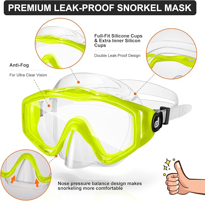 Odoland Kids Snorkeling Packages Snorkel Set, Dry Top Snorkel Mask with Adjustable Swim Fins for Boys and Girls Age 7-14