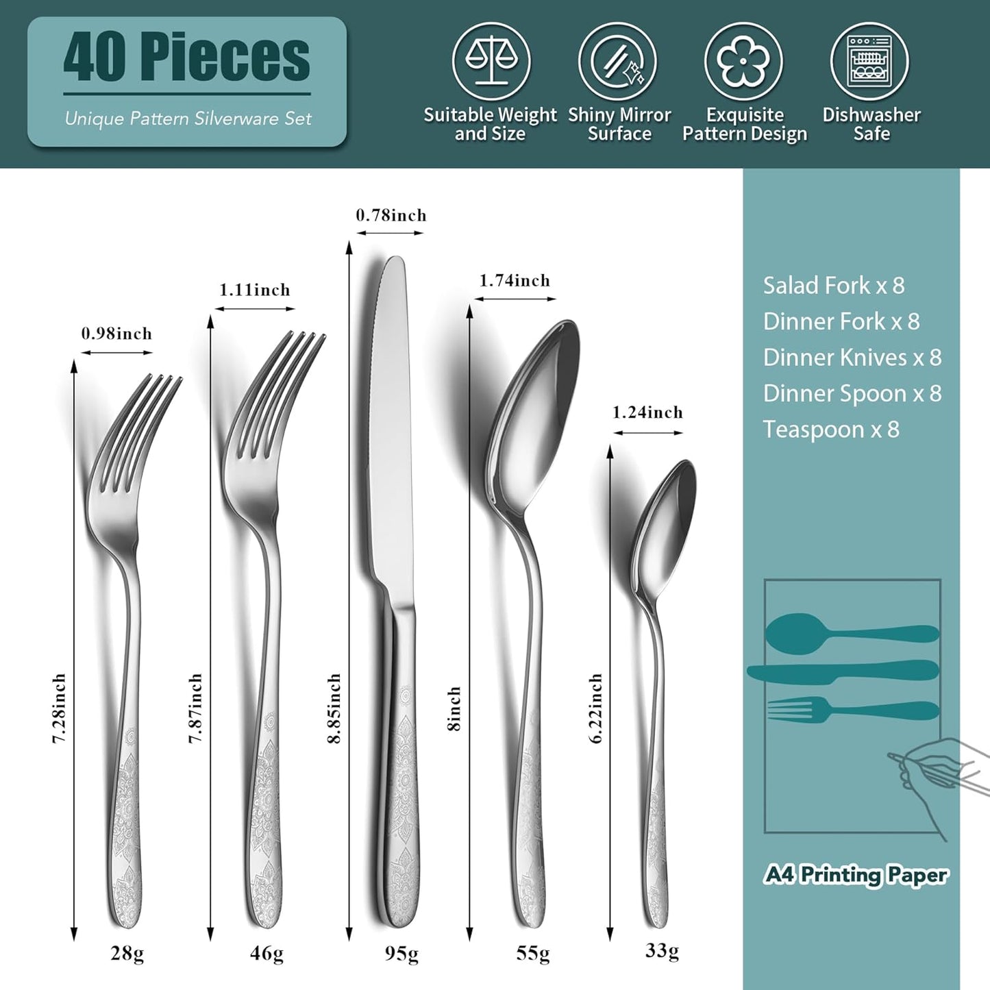 40 Piece Flatware Set, Service for 8, EIUBUIE Premium Stainless Steel Cutlery Set, Mirror Polished Silverware Sets with Pattern Handle, Modern Kitchen Eating Utensils Sets