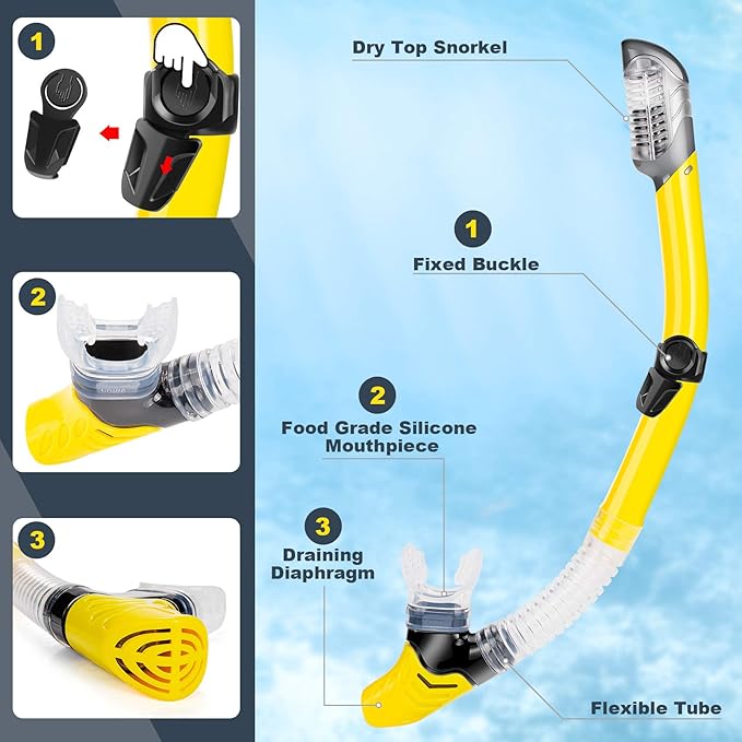 ZEEPORTE Mask Fin Snorkel Set, Travel Size Snorkeling Gear for Adults with Panoramic View Anti-Fog Mask, Trek Fins, Dry Top Snorkel and Gear Bag for Swimming Training, Snorkeling Kit Diving Packages