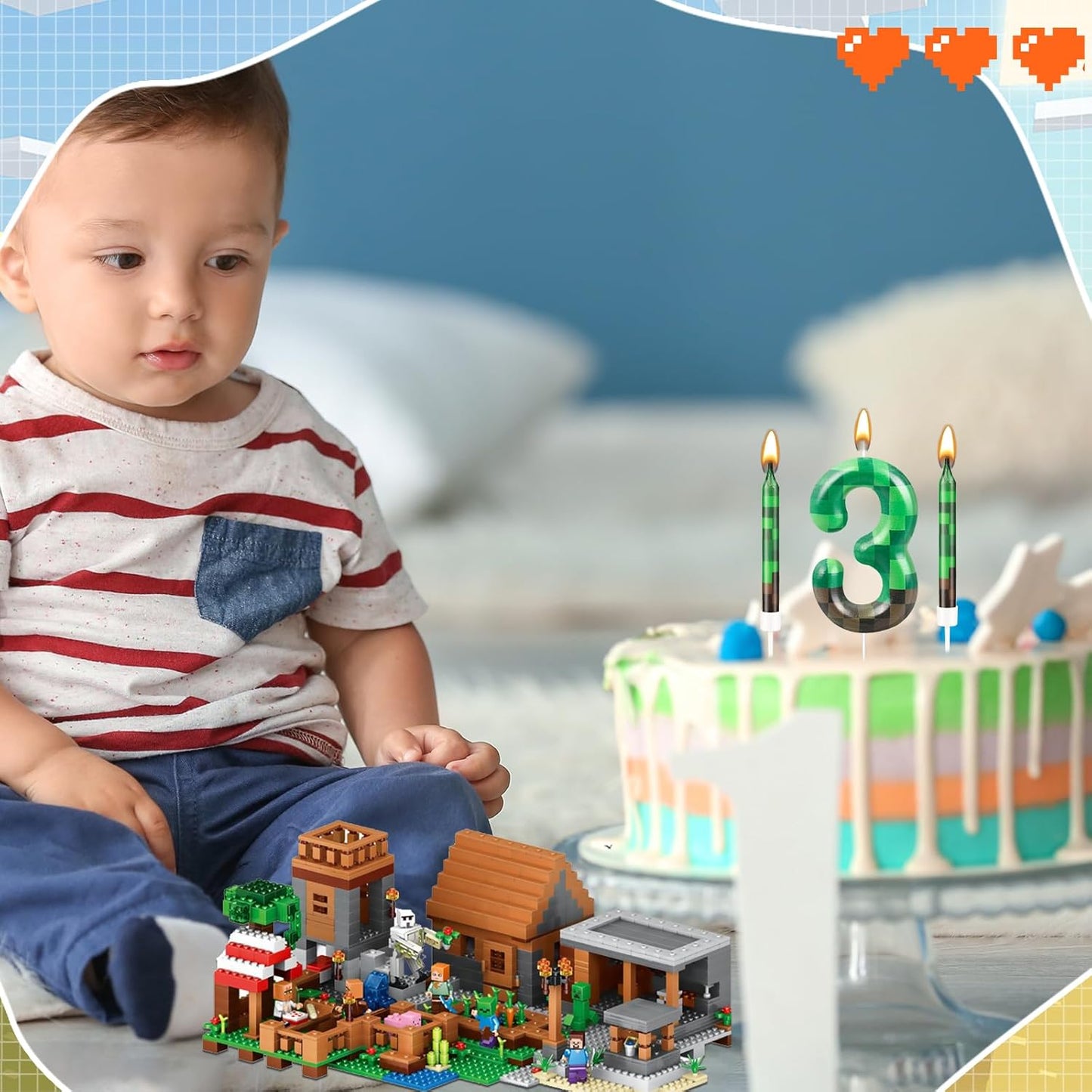 13 Pcs Dynamite Themed Birthday Candles & Number 3 Candle Topper for Pixel Theme Parties