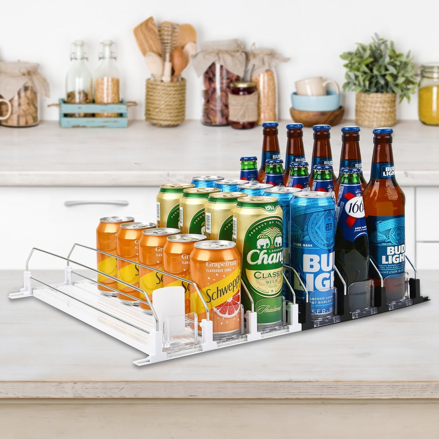 Soda Can Dispenser for Refrigerator, 3 Row Self-Pushing Rack, Fits up to 15 Cans, Width Adjustable Beverage Storage Rack, 15inch White