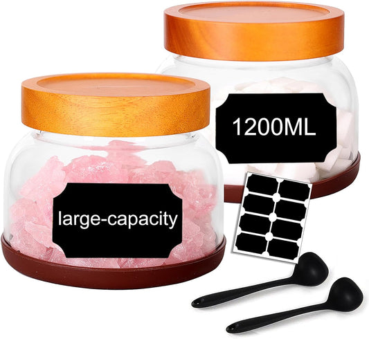 SAIOOL 2-Pack Glass Storage Containers with Lids - D 15cm x H 11cm, 1200 ML Airtight Food Jars, Wide Mouth Pantry Organization for Coffee, Flour, Snacks, Includes 2 Spoons & Labels