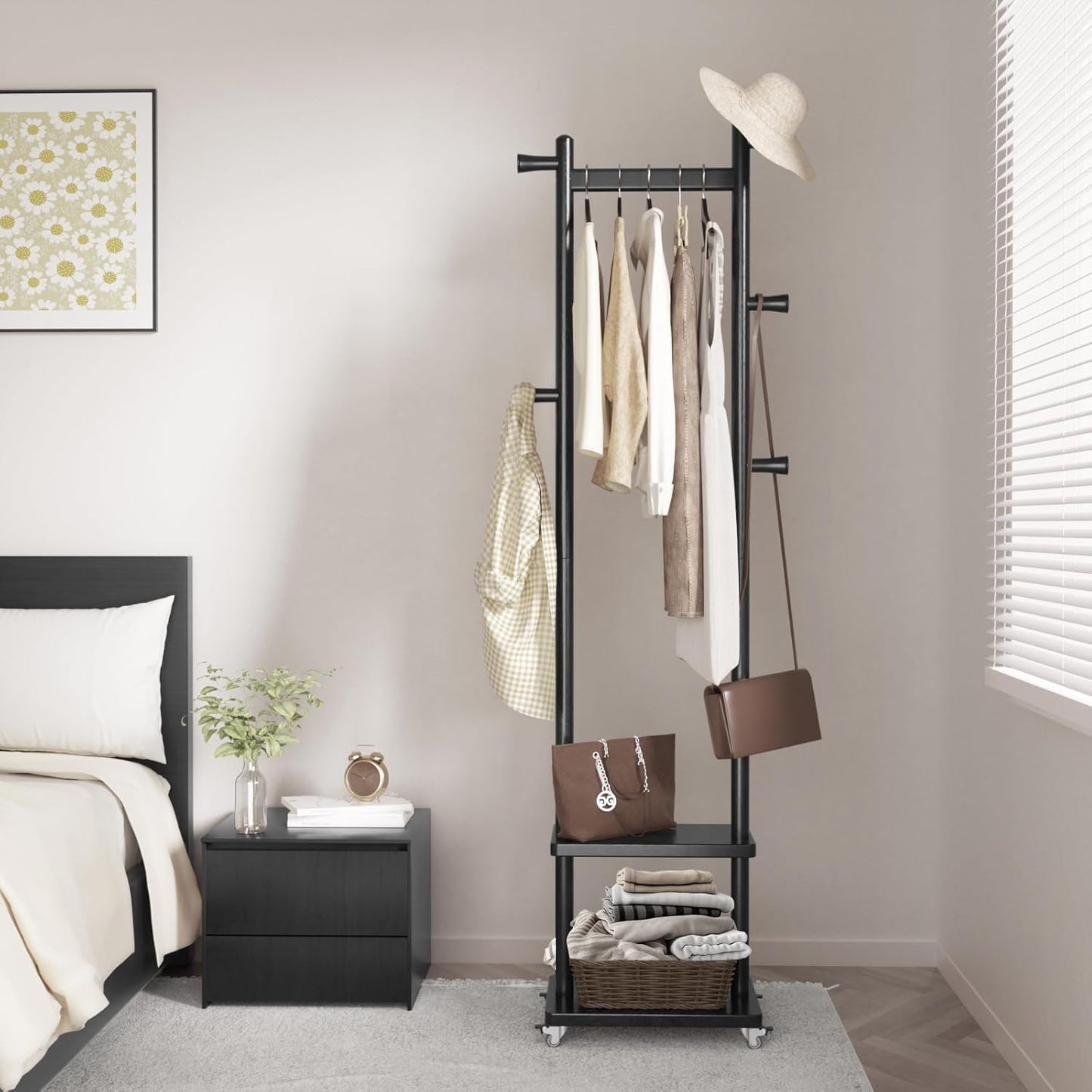 Solid Wood Coat Rack Freestanding Clothing Rack with Wheels & 2 Shelves Storage & 5 Hooks Heavy Duty Clothes Rack Wood Coat Tree Stand Hat Hanger Rack for Corner Bedroom Entryway Living Room Hotel