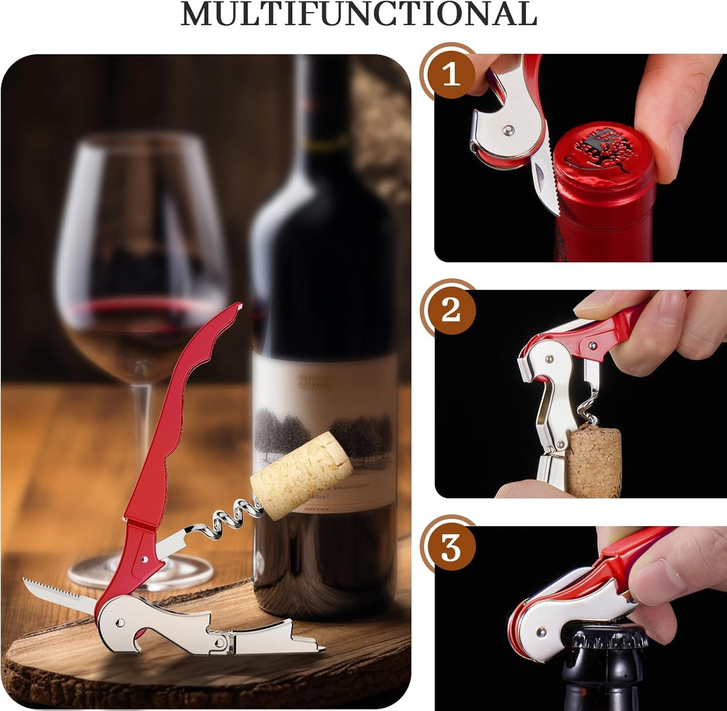 HYZ 2-Pack Wine Opener Waiter Corkscrew, Professional Wine Key for Servers, Bartender with Foil Cutter, Manual Wine Bottle Opener Double Hinged (Red)