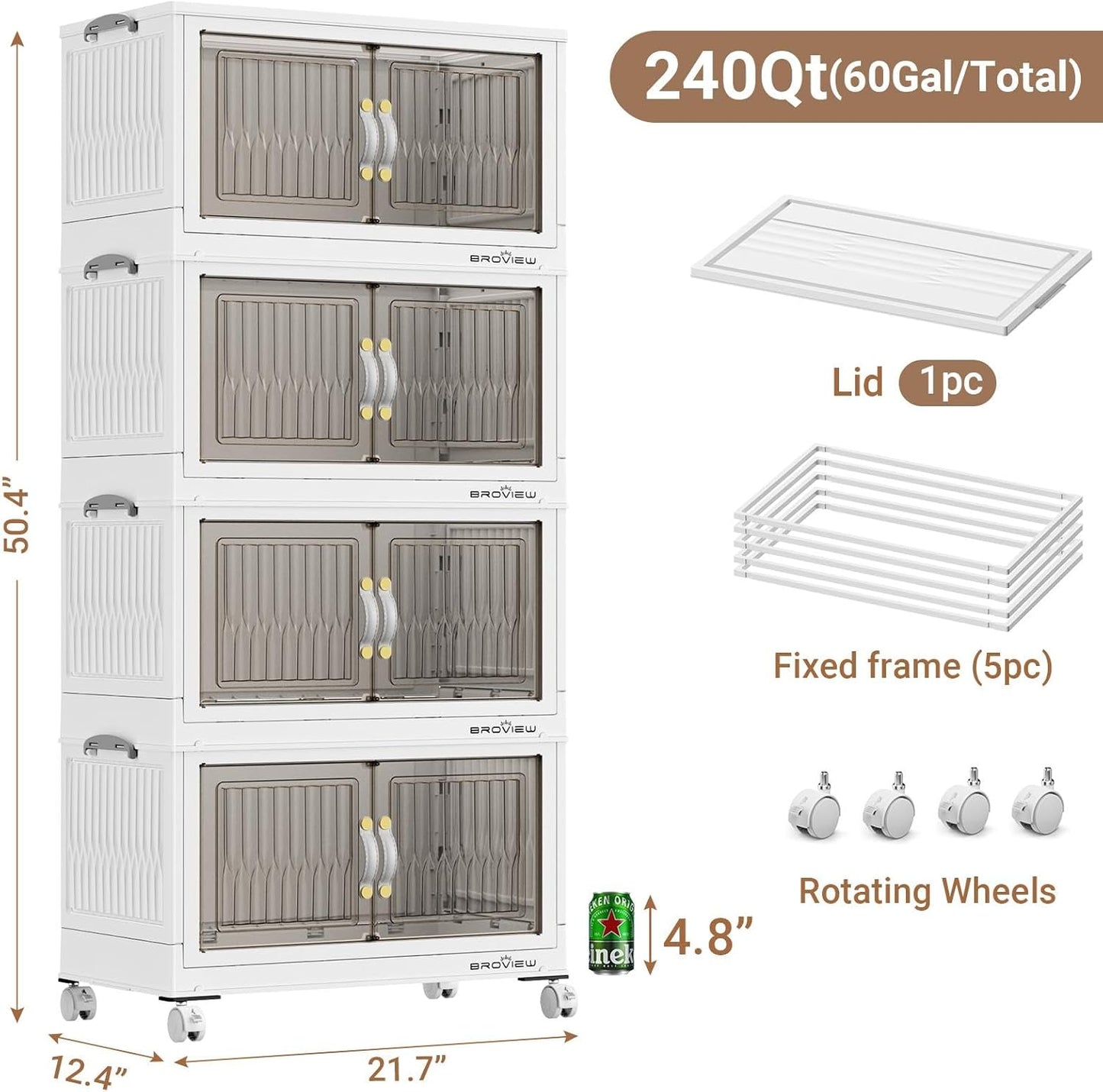 240Qt Stackable Storage Bins with Lid, Extra Large Closet Organizer Collapsible Drawer Boxes with Wheels, Folding Plastic Cabinet Containers for Home Kitchen Room Organization, 4Pack White