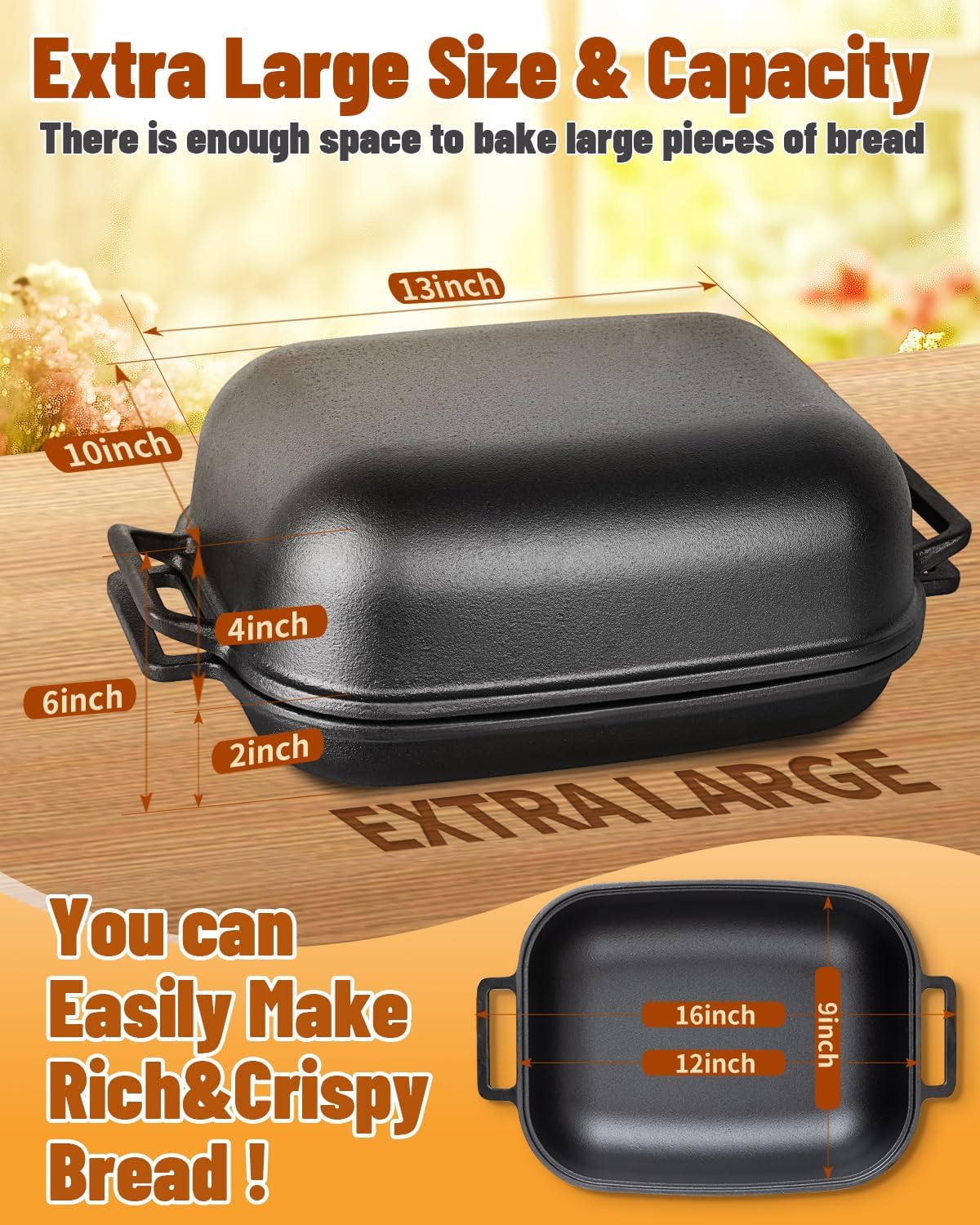 Cloche Loaf Dutch Oven, Pre-Seasoned, 9.5QT, 13 LBS Heavy Duty, Non-Stick, Large Bread Loaf Pan, Oval Cast Iron Bread Pan With Lid, Cloche Homemade Loaf Pan, Sourdough Artisan Bread Baking Pan