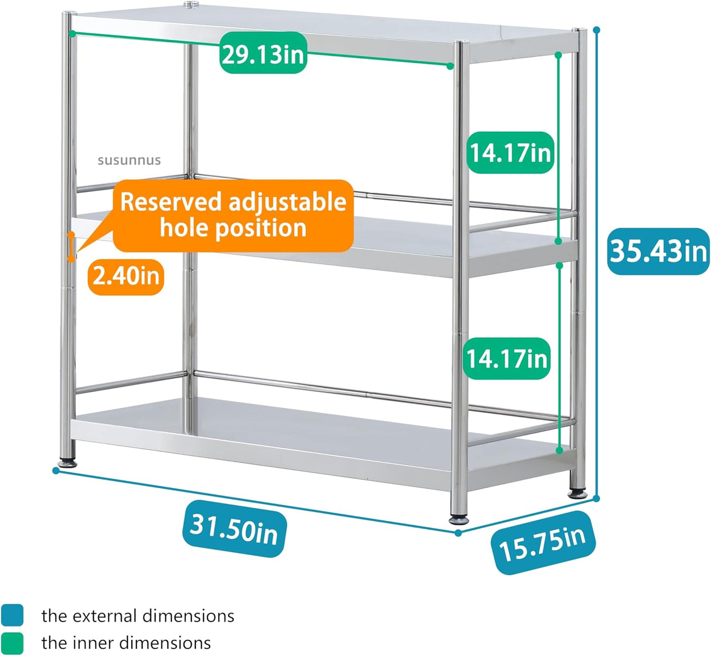 susunnus Stainless Steel Shelves 3 Tier Storage Shelves for Kitchen Garage Shelves Heavy Duty Shelving Metal Shelving Units and Storage Kitchen Industrial Storage Rack(with Guardrails)