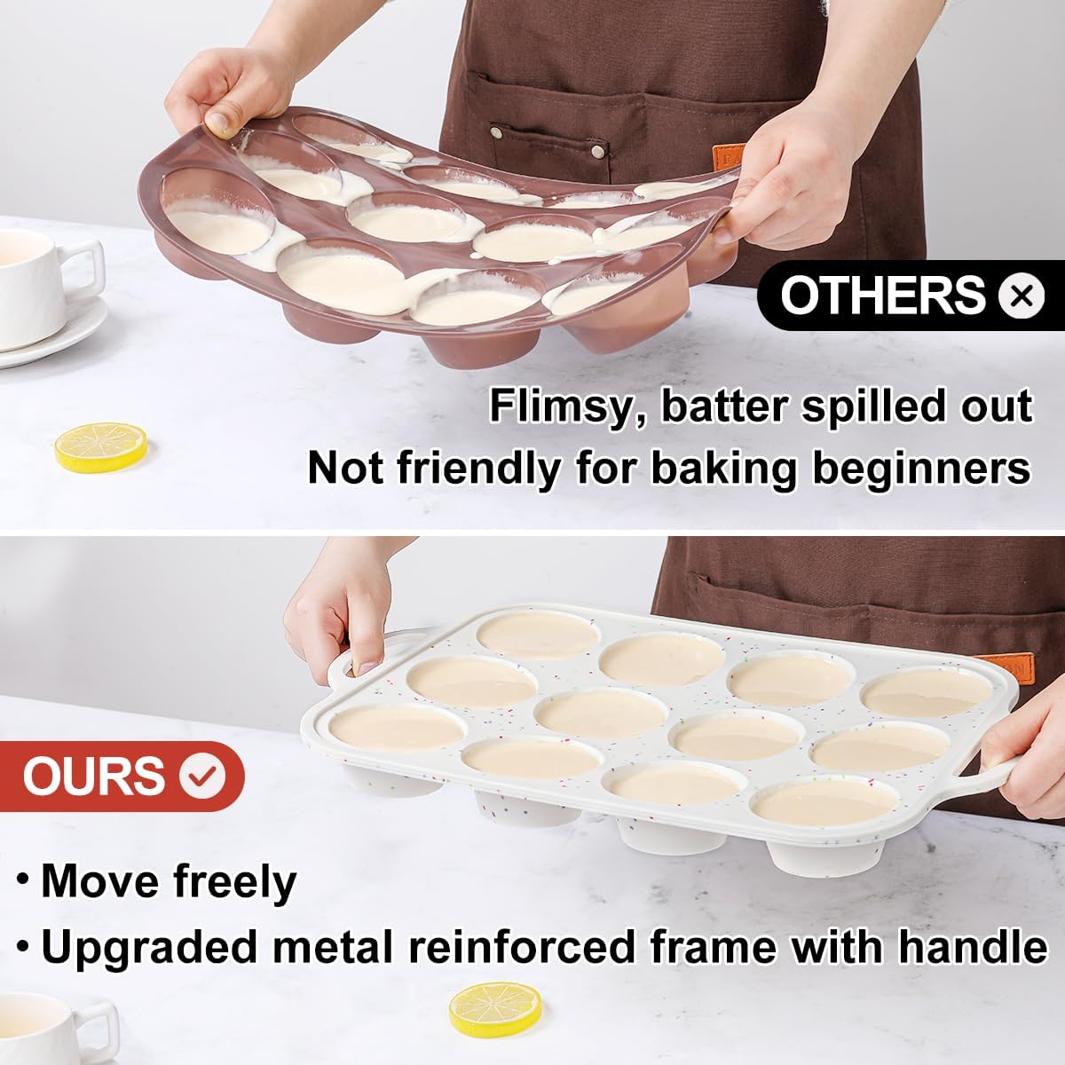 Silicone Muffin Pans for Baking, Metal Reinforced Frame Regular 12 Cups & Mini 24 Cups Cupcake Pan Set Nonstick Muffin Pan for Homemade Baking Easy to Handle