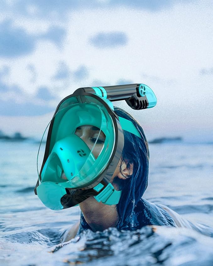 QingSong Full Face Snorkel Mask for Adults, Snorkeling Gear with Camera Mount, 180 Degree Panoramic View Snorkel Set Anti-Fog Anti-Leak