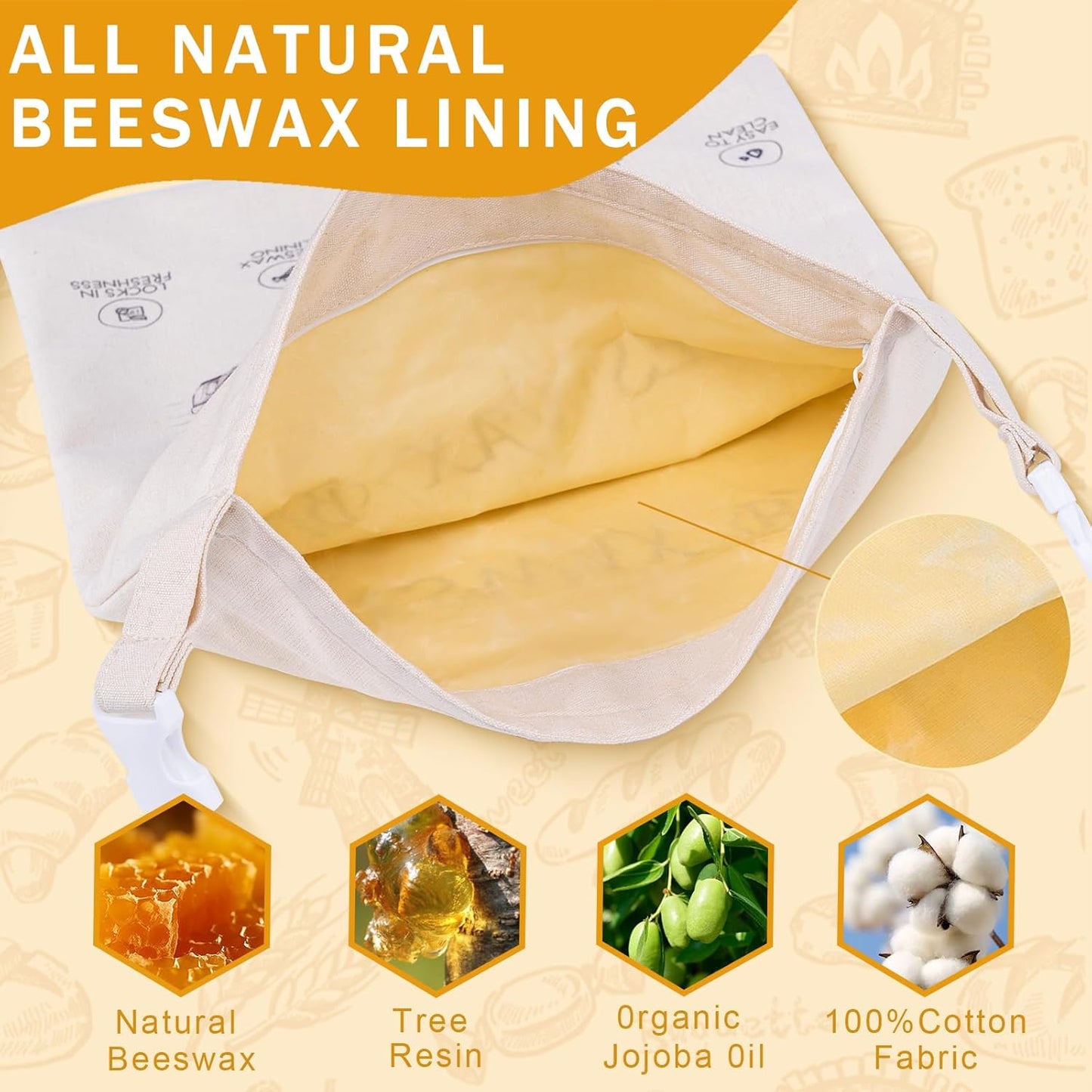 2-Pack Reusable Beeswax Bread Bags for Sourdough & Homemade Bread，Cotton Waxed Bags Keeps Fresh Longer(Golden Wheat)
