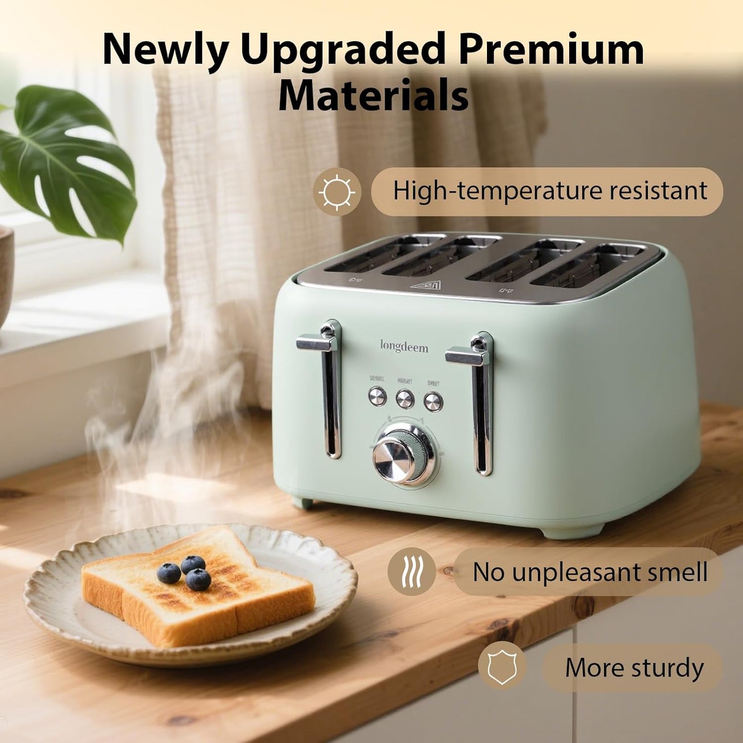 4-Slice Toaster 1.5" Extra Wide Slot Stainless Steel with High Lift Lever, 6 Presets & Bagel/Defrost/Cancel Function, Removal Crumb Tray, Under Base Cord Storage, Green