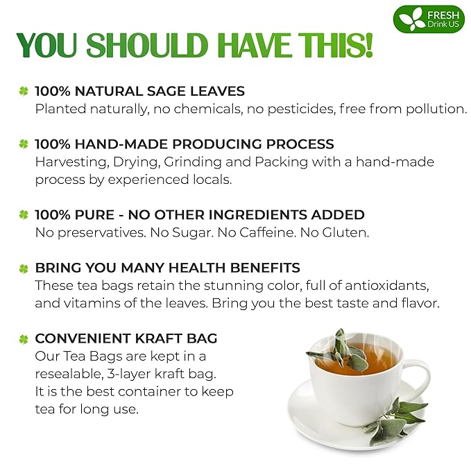 FreshDrinkUS Premium 135 Sage Leaf Tea Bags, 100% Natural & Pure. Loose Leaf Sage Herbal Tea. Made with Natural Material Tea Bags. No Sugar, No Caffeine, No Gluten, Vegan