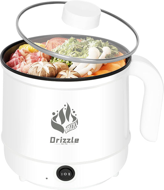 Drizzle Electric Cooker 1.7L - Mini Skillet Non-Stick Coating - Stir Fry Food Maker 110V Portable Cookerware Dorm Cooking - for Personal Ramen Boiling Steak Egg Oatmeal Soup Shabu Shabu Pot Simmer Pot