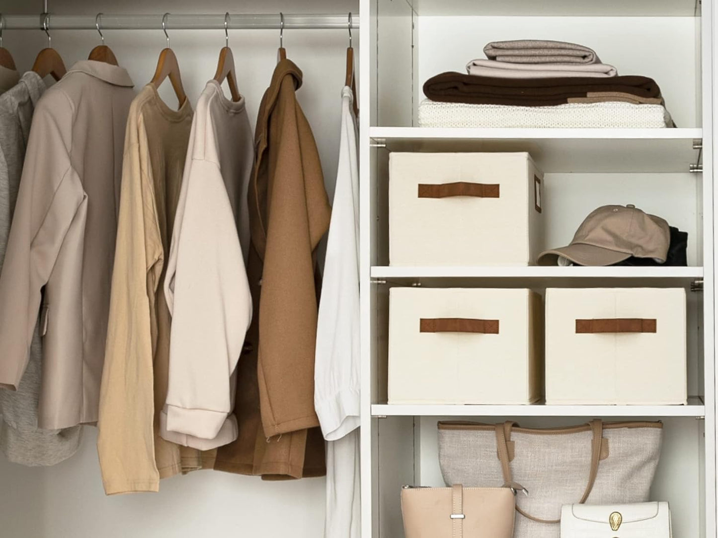 StorageWorks Storage Baskets for Shelves, Foldable Fabric Closet Storage Bins with PU Handles, Fabric Storage Bins Clothes Organizer, Ivory White, 3-Pack, Large