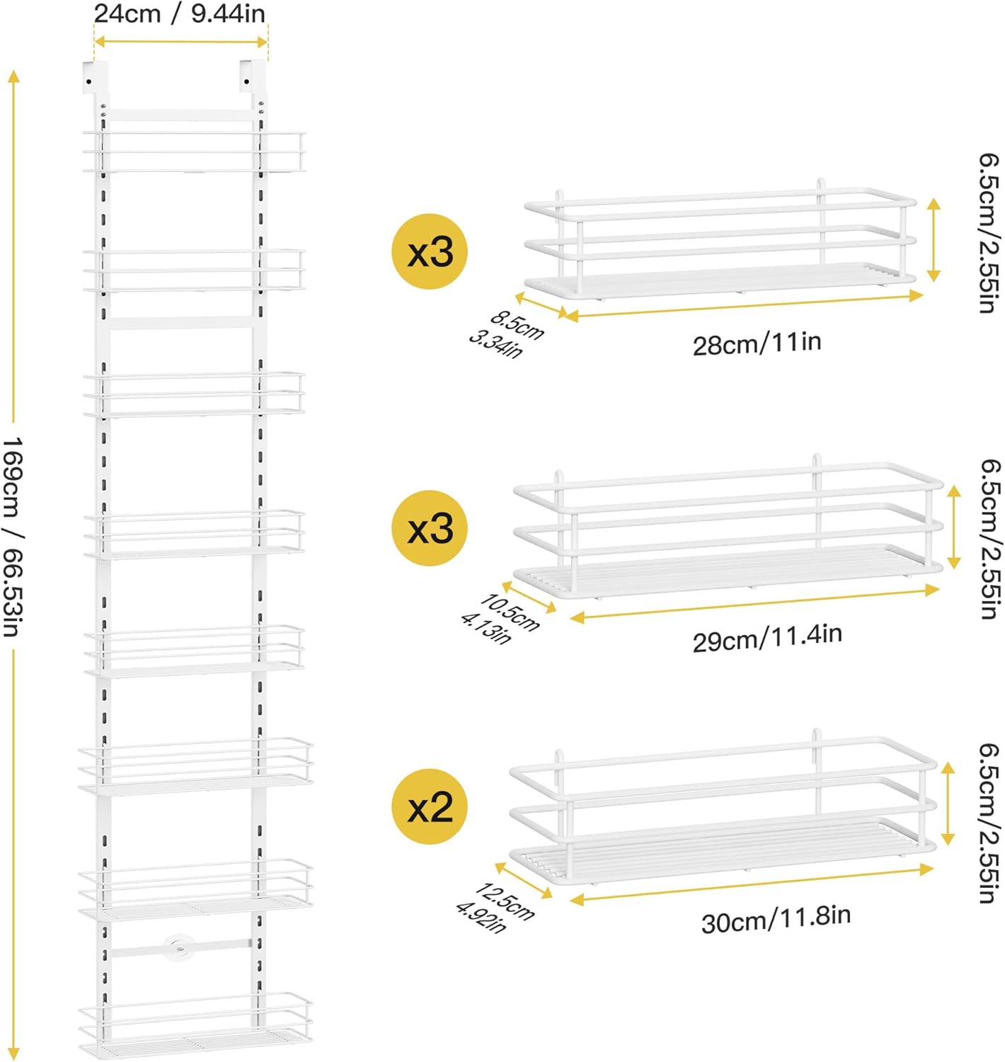 Pantry Door Organizer 12 Inch Wide, 8 Tier Hanging Adjustable Over the Door Spice Rack For Narrow Space,Matt White
