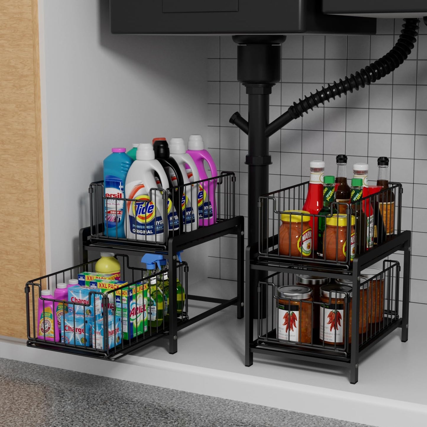 2 Tier Sliding Basket Drawer Organizer, Lxmons Pull Out Under Sink Cabinets Organizers, Metal Home Shelf for Bathroom or Kitchen, Sliding Countertop or Pantry Storage Shelf, Large Black