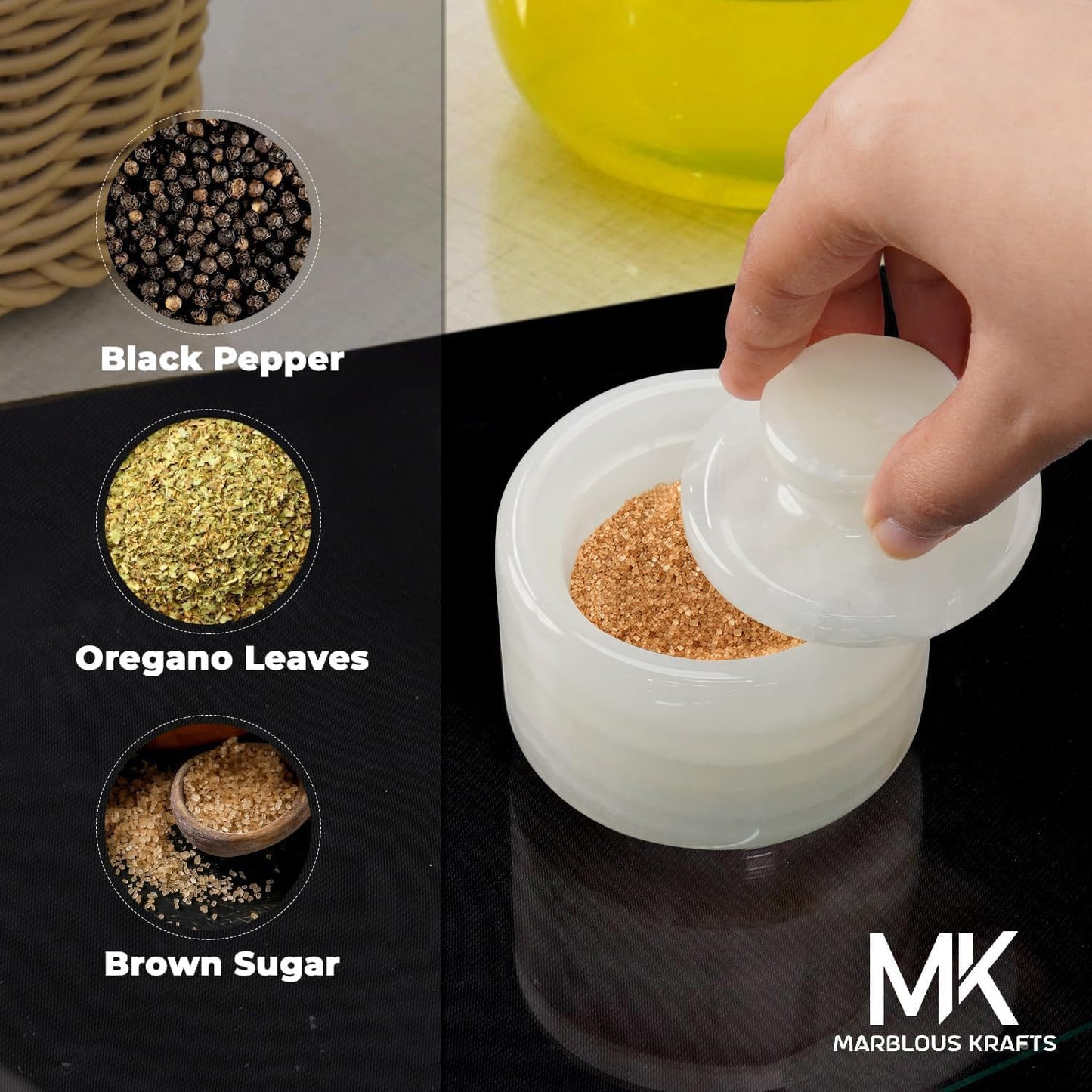 Marble Salt Cellar 3 Inch White Onyx Salt Holder With Lid for Spice Jar & Stone Salt Container, Modern Sugar Bowl