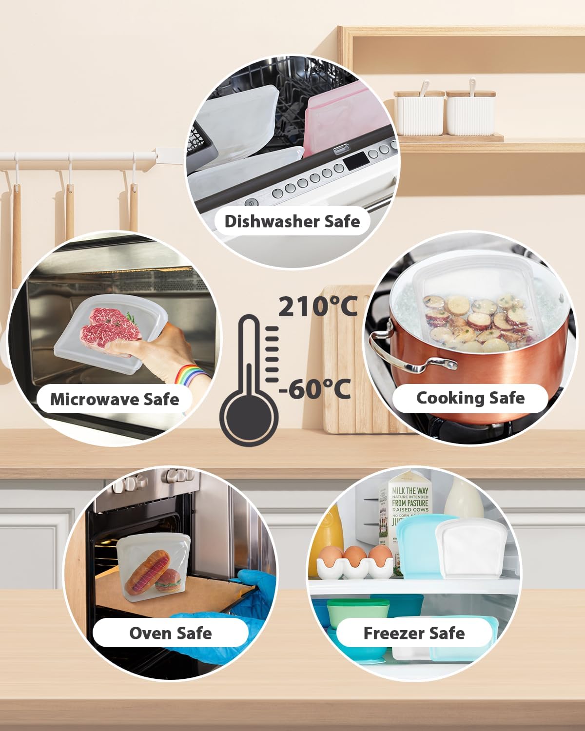 Reusable Silicone Storage Bags, 4Pack Snack Sandwich Sandwich Bags, Endurables Seal-Top Silicone Bags for Food Storage, Freezer, Microwave, Oven, Dishwasher Safe (Clear & Rose Quartz)