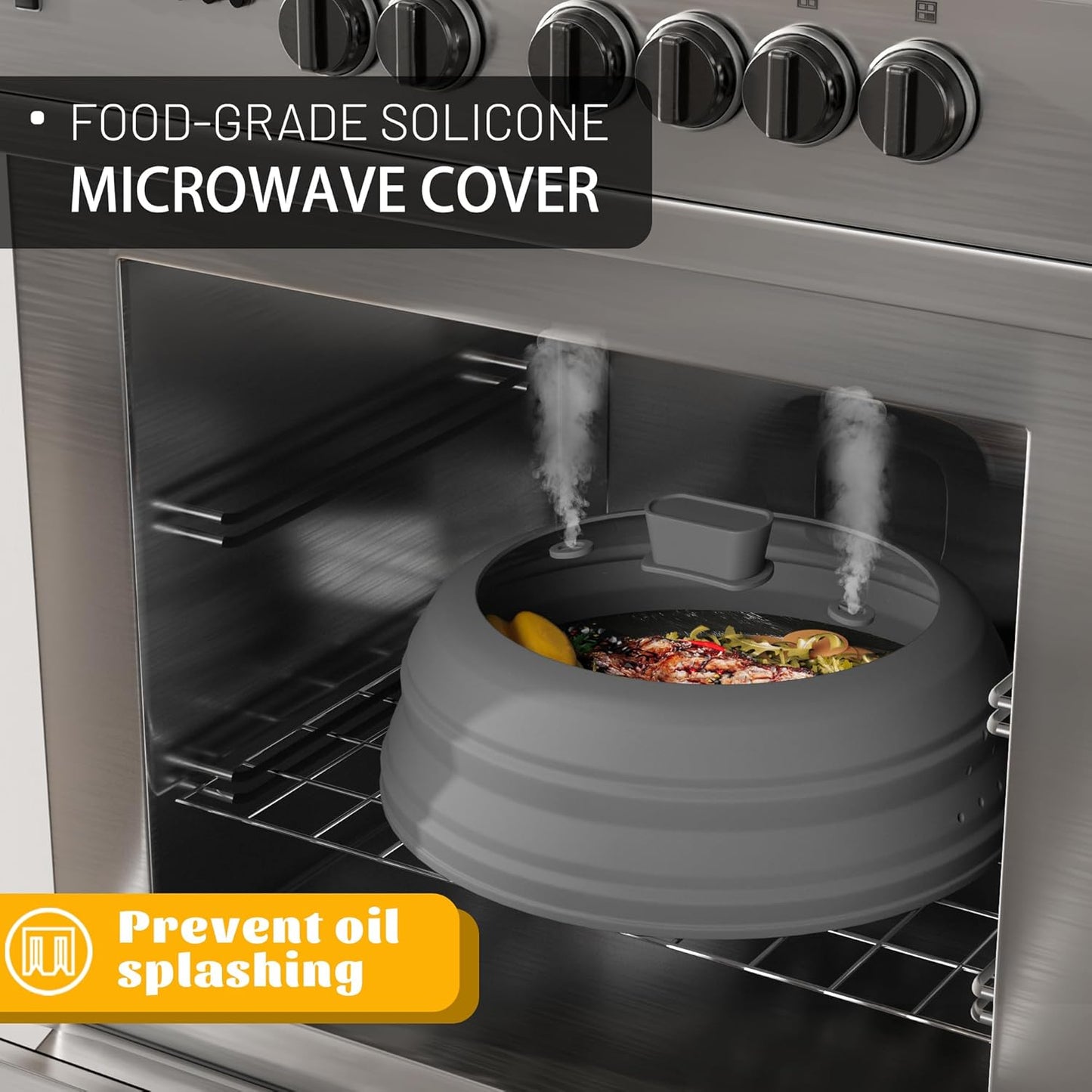 Microwave Splatter Cover, Vented Silicone and Glass Cover Splatter Guard Lid, Food Collapsible Plate Cover Lid with Easy Grip Handle. (Gray, 9 inch)