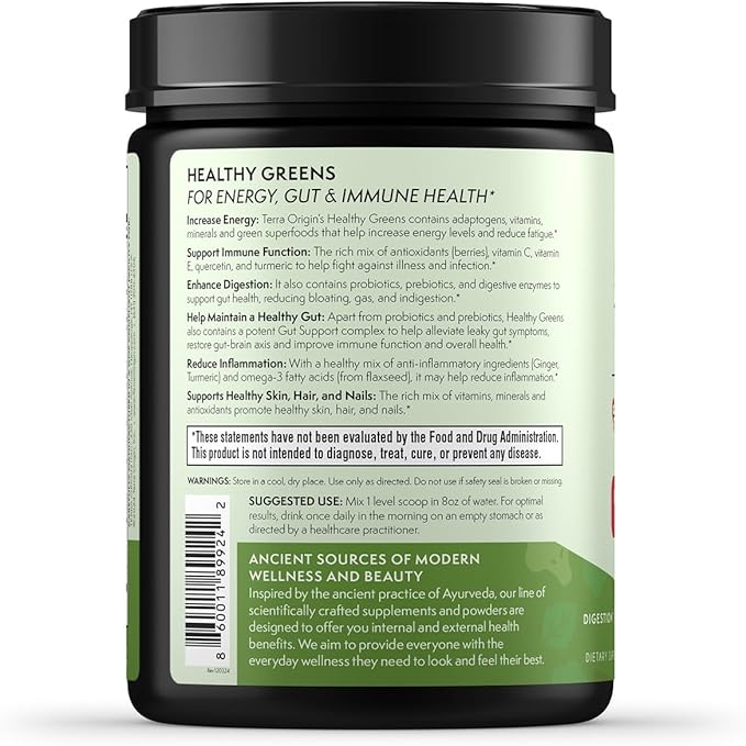 TERRA ORIGIN Healthy Greens Powder Blend | Superfoods, Probiotics, Enzymes, Spirulina | for Immune & Digestive Gut Health Support | Energy & Wellness Boost | 30 Servings (Kiwi Strawberry)